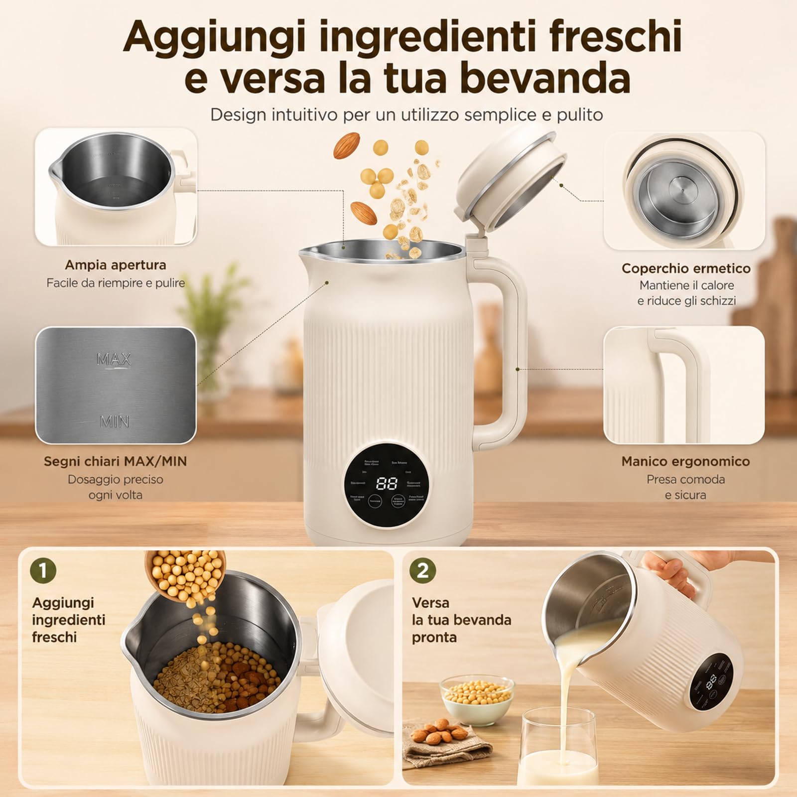 Vitamixia Macchina Multifunzione 8-in-1, Frullatore Estrattore per Bevande Vegetali, Latte di Mandorla e Soia, Robot da Cucina per Frullati, Vellutate e Succhi, Cleenovia Design (#A)