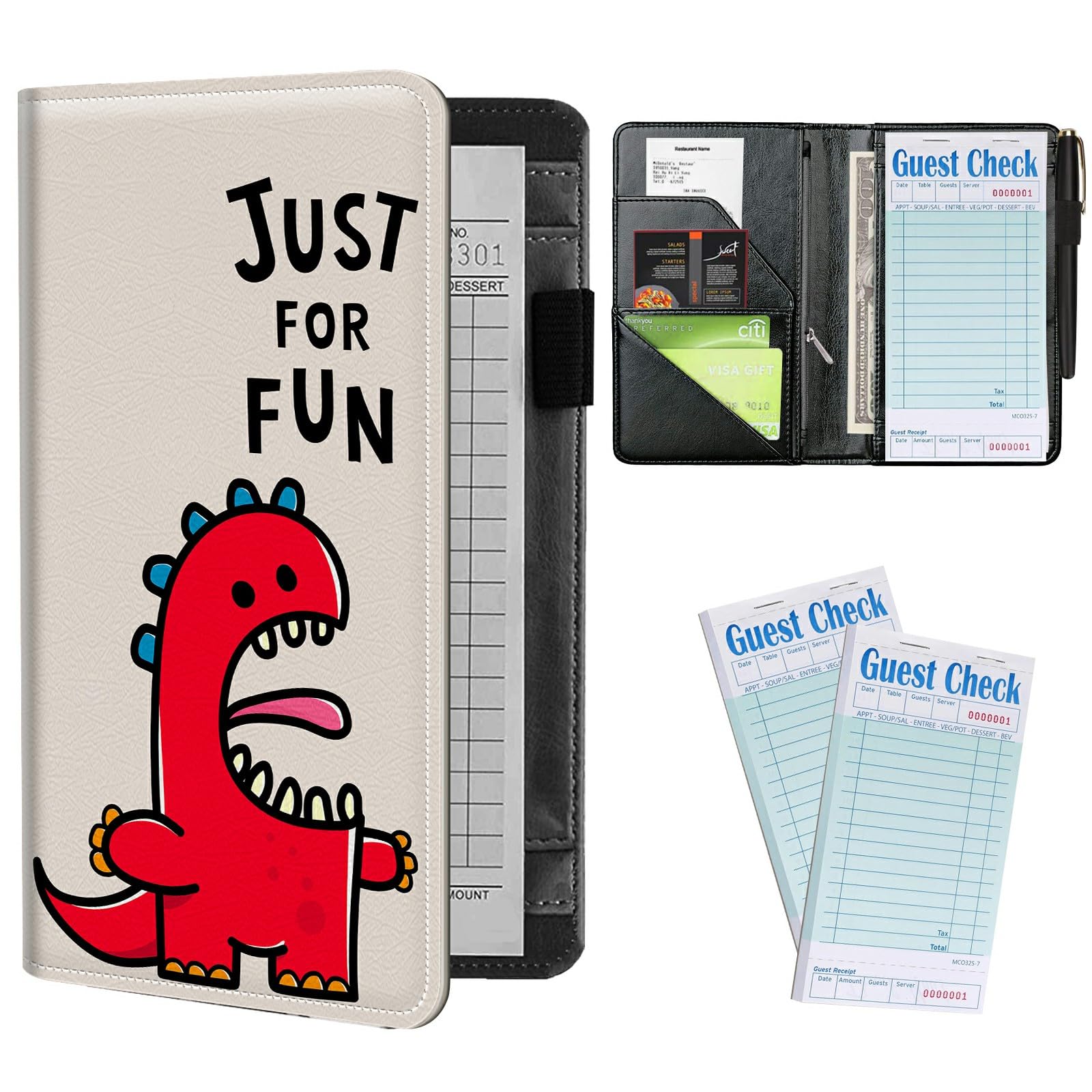 Server Books Plus 2 Pack Guest Checks Pads for Waitress Waiter, Just for Fun Dinosaur Server Booklet Waitstaff Organizer with Zipper Pocket Guest Check Presenters Server Wallet (5