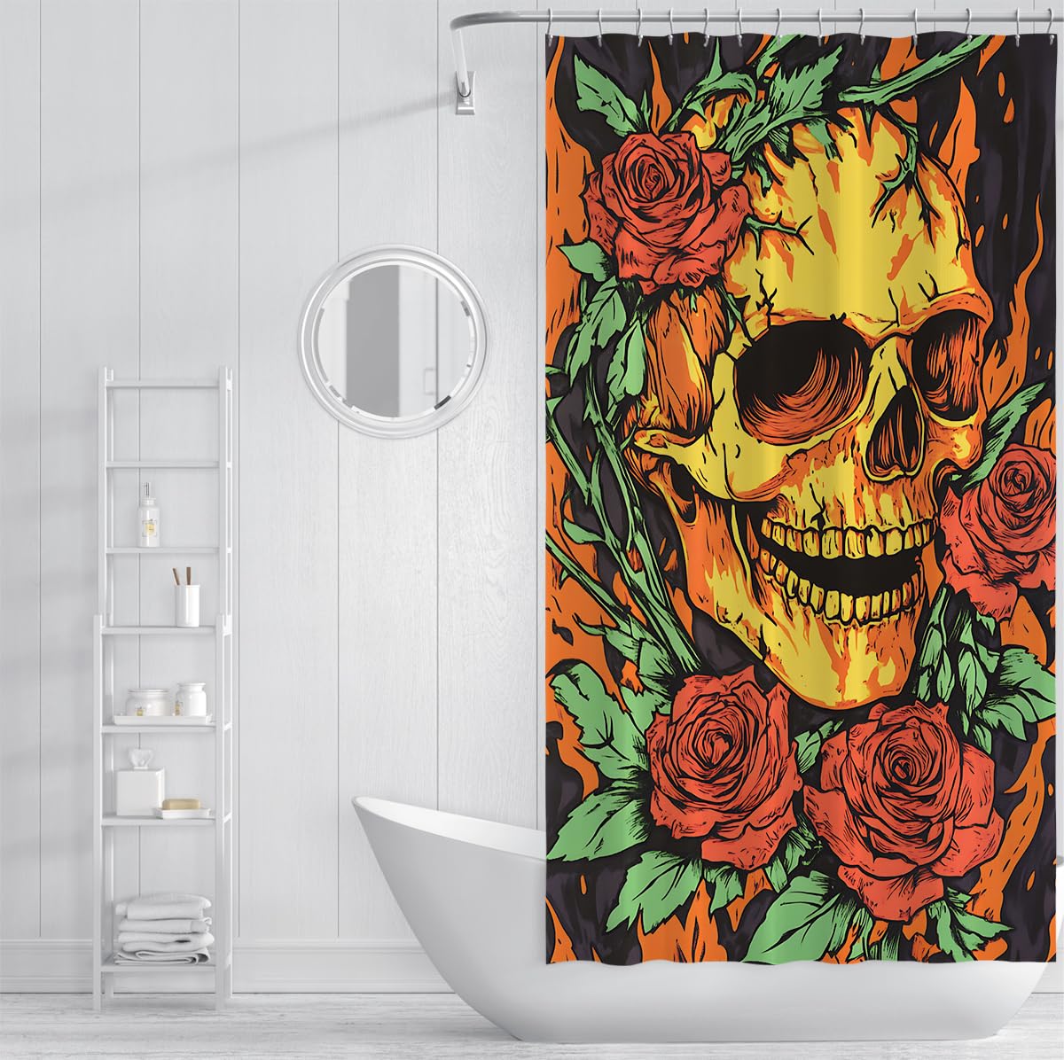 Orange Skull Duschvorhang Red Rose Vines Black Badezimmer Deko 150x180cm