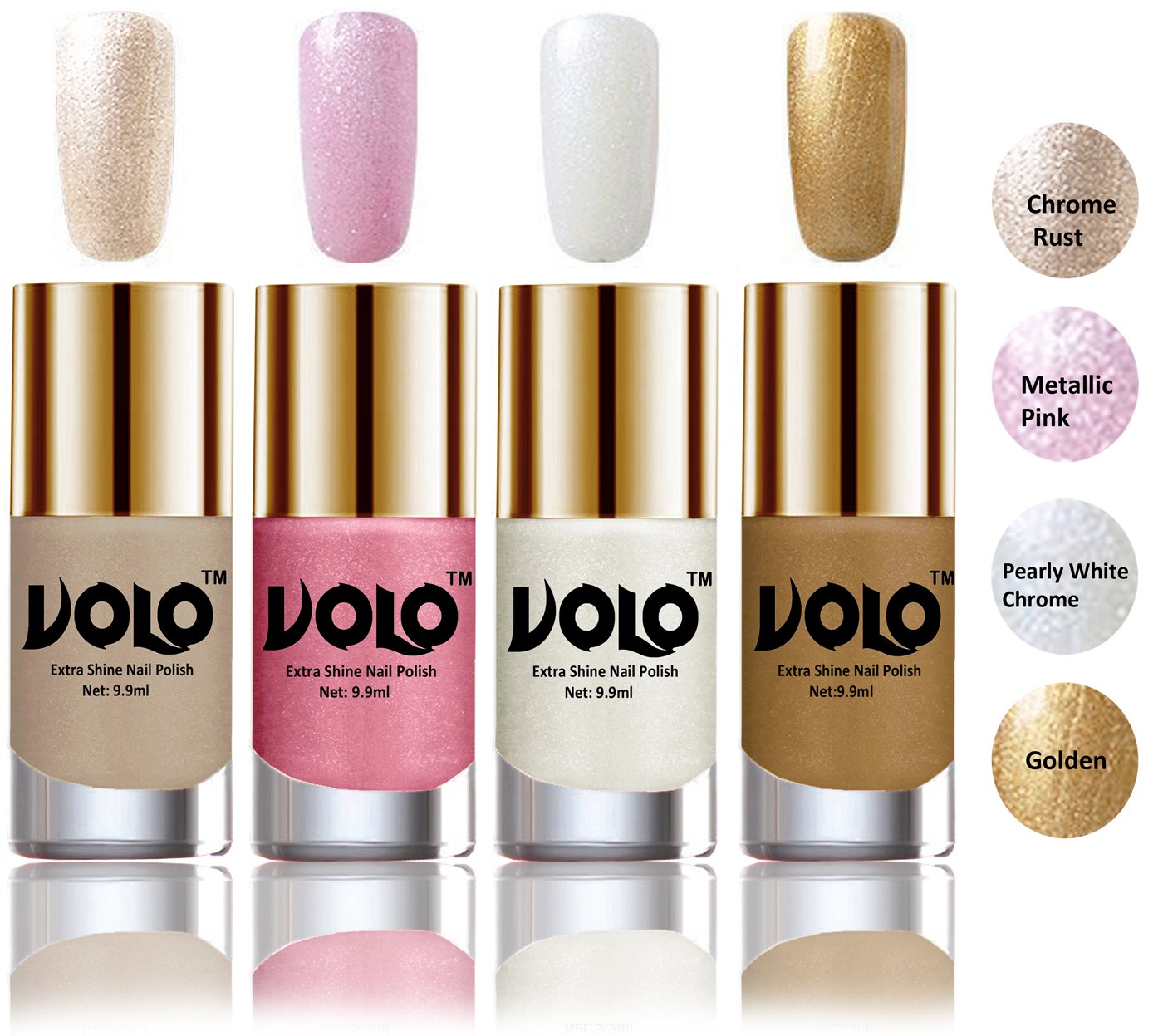 Volo HD Colors High-Shine Long Lasting Non Toxic Professional Nail Polish Set of 4 (Chrome Rust, Metallic Pink, Pearly White Chrome and Golden)-image-38