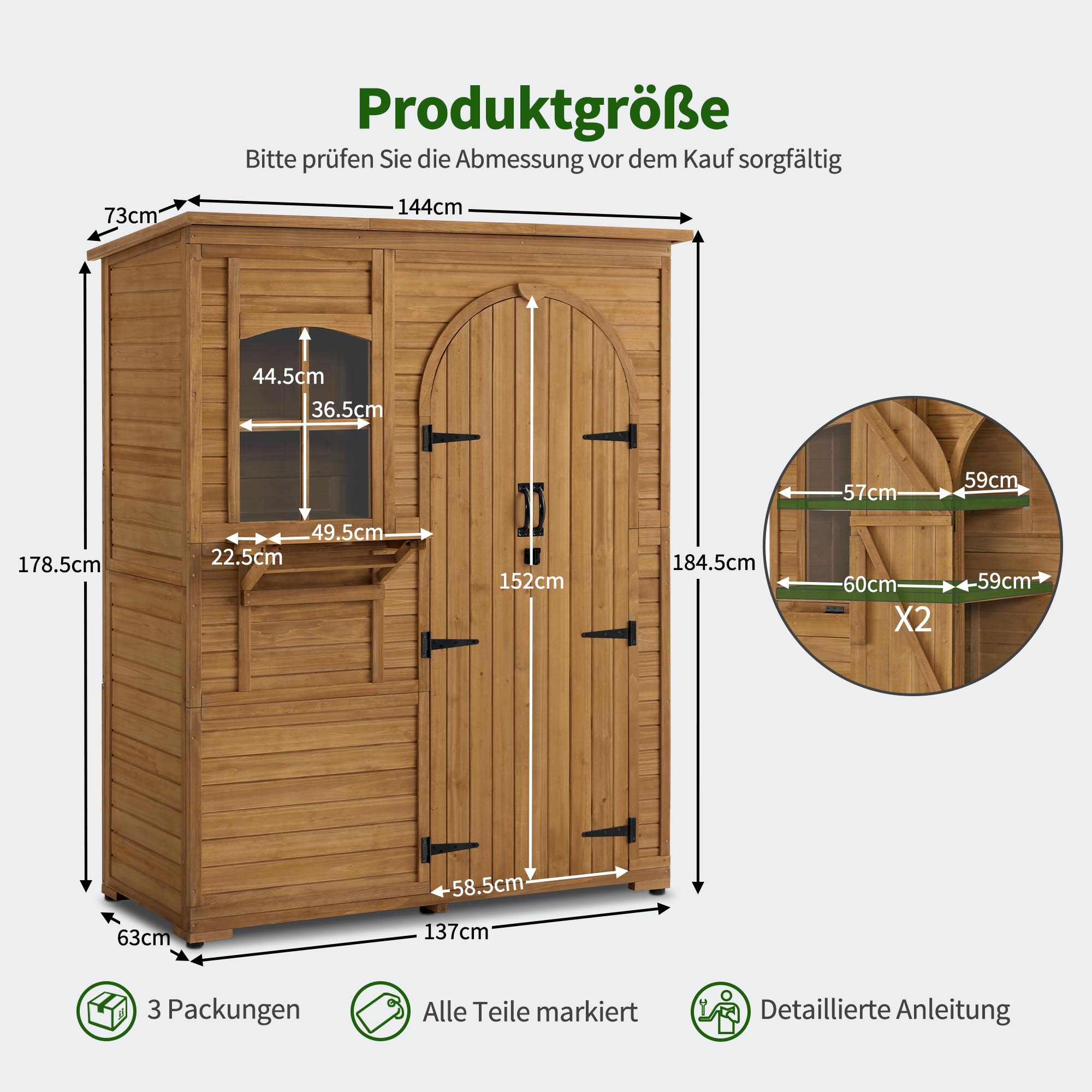 M MCombo Gartenschrank Geräteschuppen Holz Wetterfest 73×144×185 cm Natur