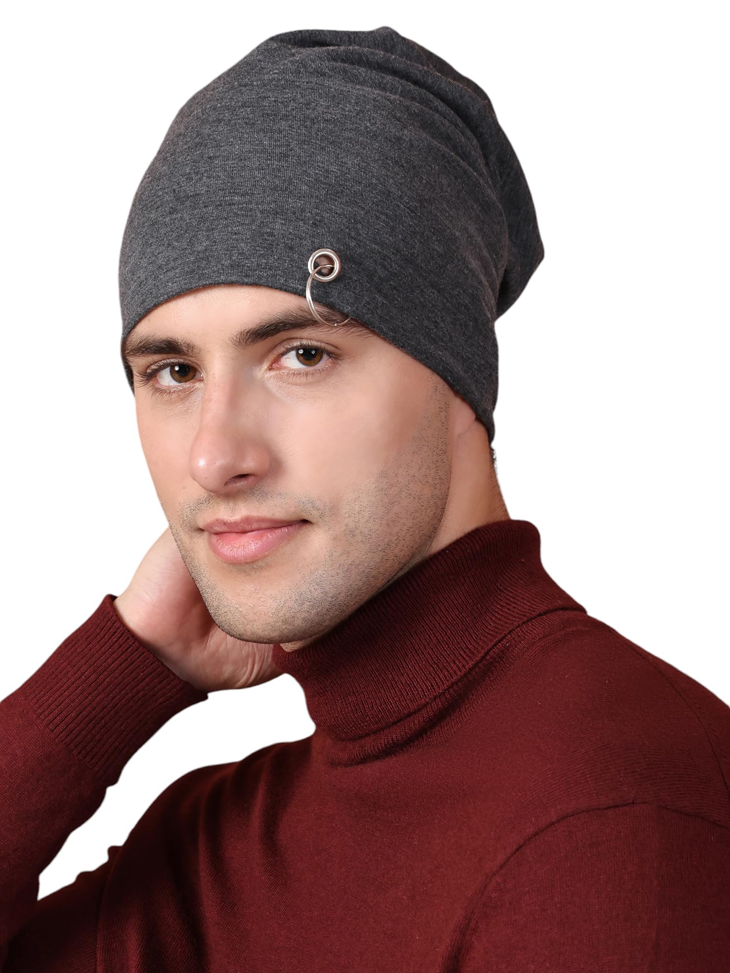 VIMAL JONNEY Dark Grey Cotton Blended Free Size Beanie Cap for Men-Ring_Cap_Anthra_01