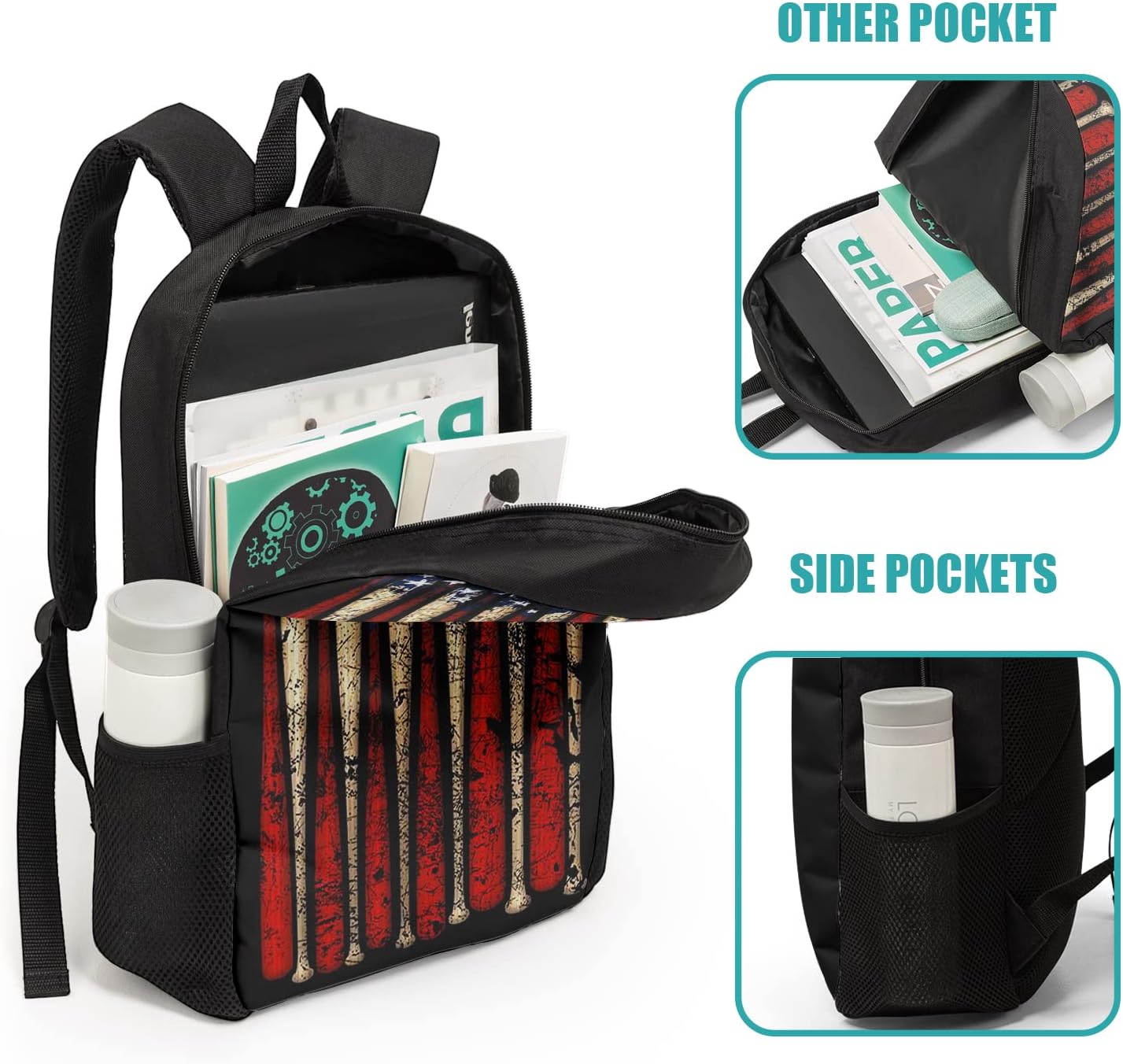 Giwawa American Flag Baseball School Backpack Set Lightweight Teen Girls Women Kids School Bags College Bookbag with Lunch Bag