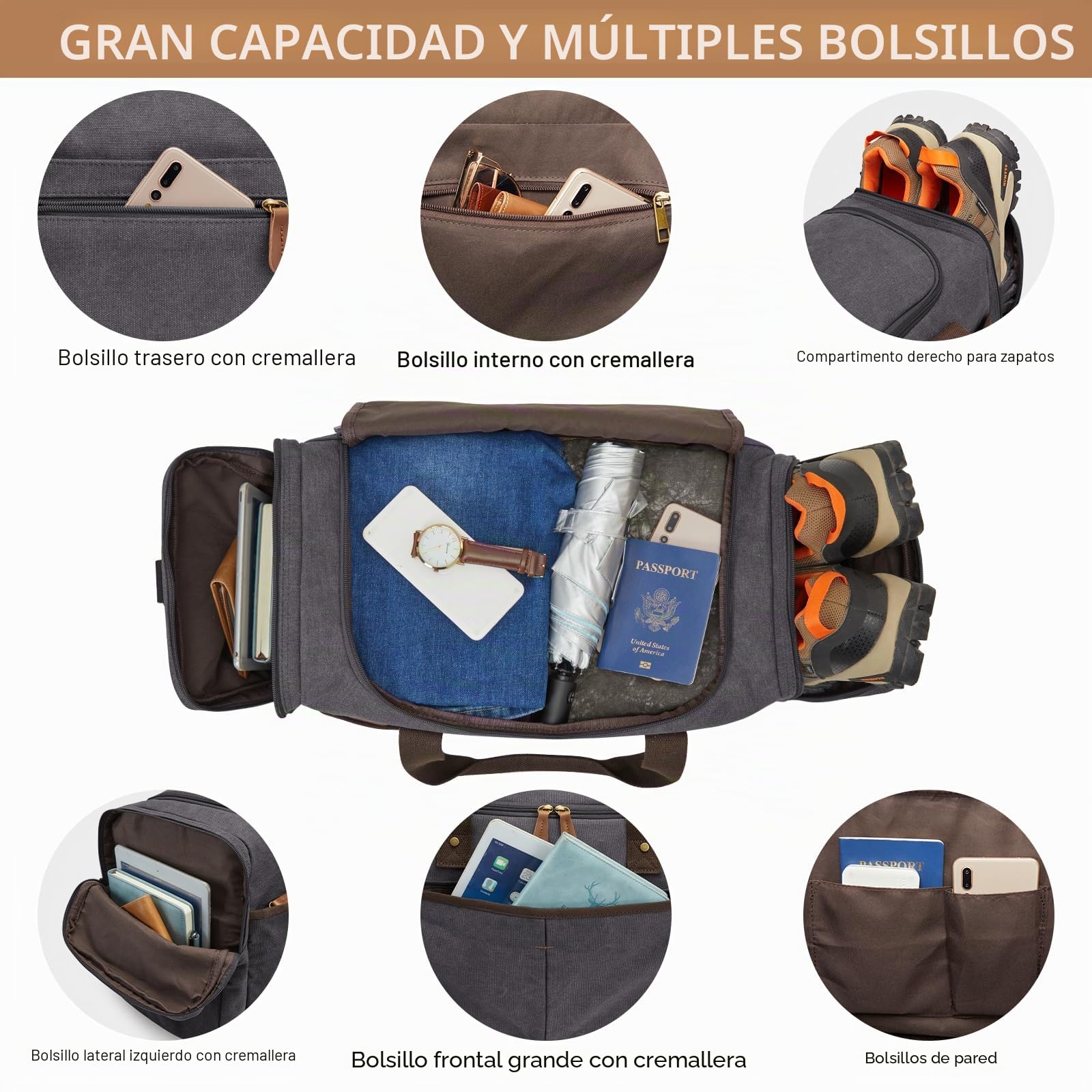 S-Zone Bolsa de Lona expandible de 65 litros, Bolsa de Viaje para Fin de Semana con Compartimento para Zapatos, Bolsa Grande de Transporte, Bolsa de Gimnasio para Hombres y Mujeres