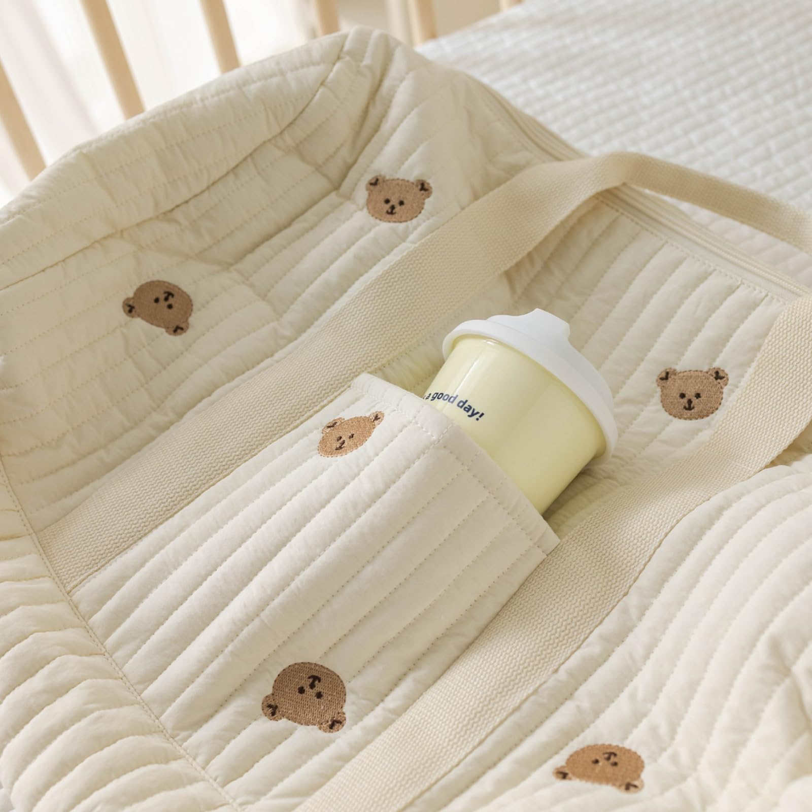 Sac a Langer Sac Maternité Grande, Change Bebe Mommy Bag Matelassé, Voyage pour Bébé, Mommy Bag en Coton Brodé, Idéal pour Accouchement à l’Hôpital, Voyage & Poussette