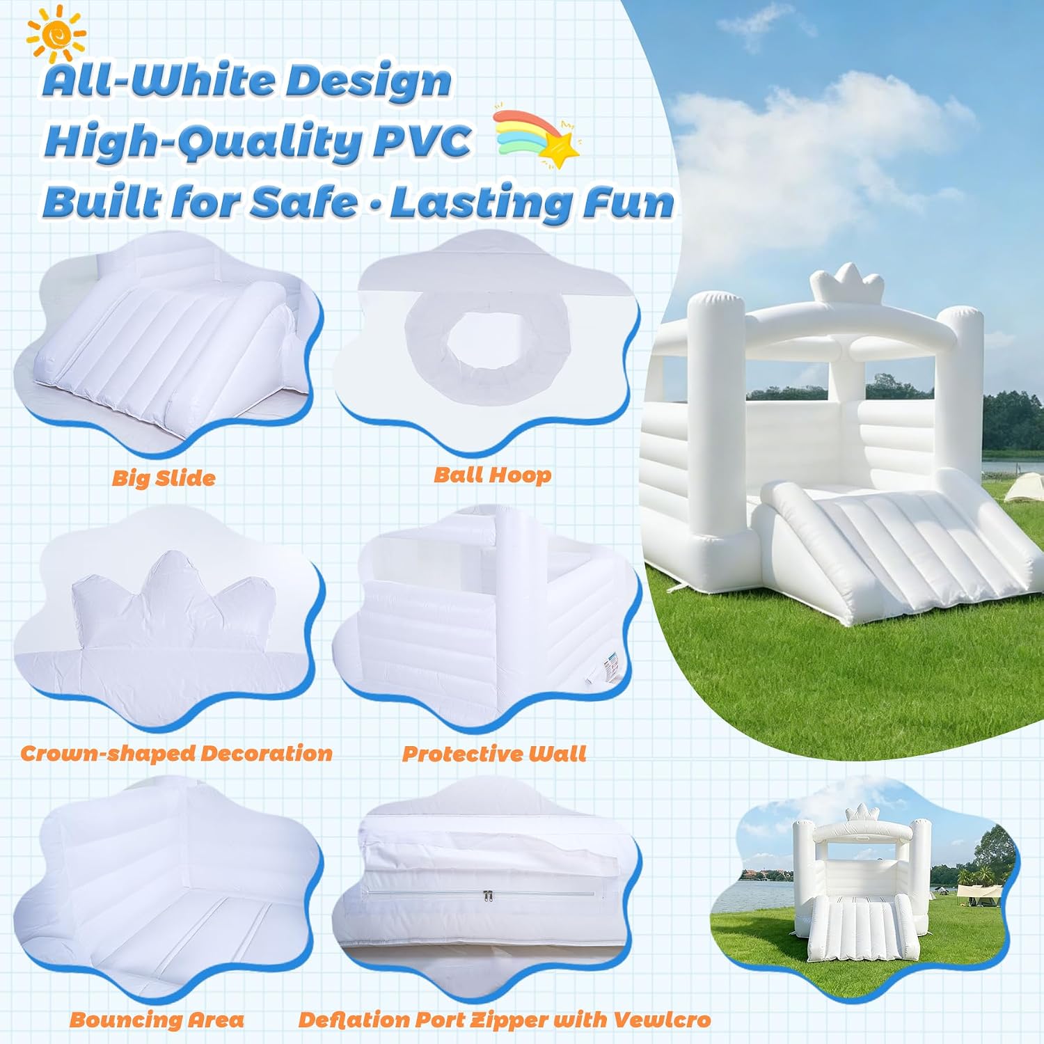 PVC White Bounce House, Bouncy House for Kids 3-10 with Big Slide & Blower, Kids Bouncy Castle for Indoor Outdoor Use, 10ft L x 8.2ft W x 7.6ft H, inflables para niños, Built for Safe, Lasting Fun