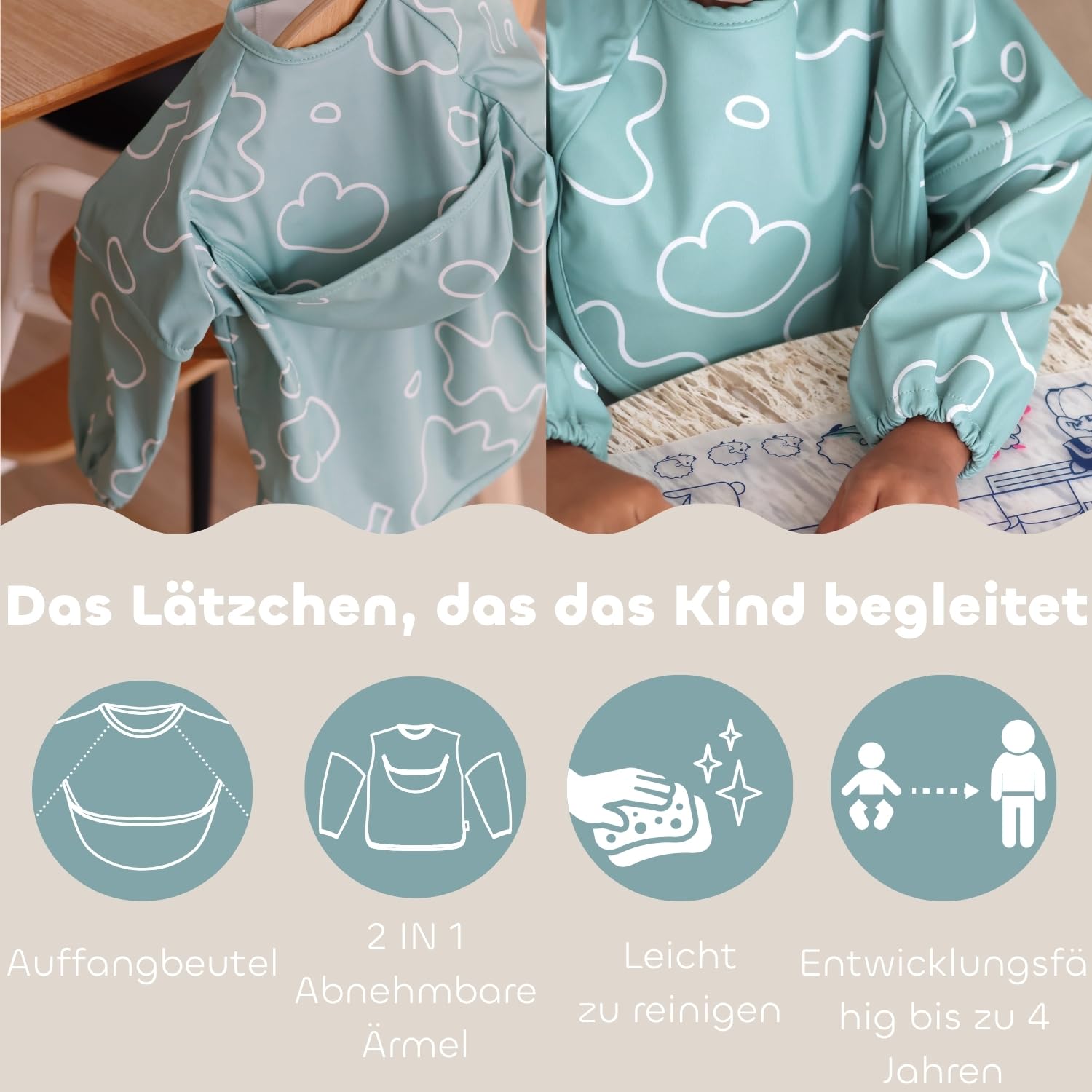 BÉABA Baby-Essensset Geschenkset ab 4 Monaten – Edelstahl-Teller mikrowellengeeignet, Ergonomisches Besteck, Lätzchen mit Ärmeln, Aufbewahrungsbox, Gesunde und Langlebige Materialien – Salbei-Grün