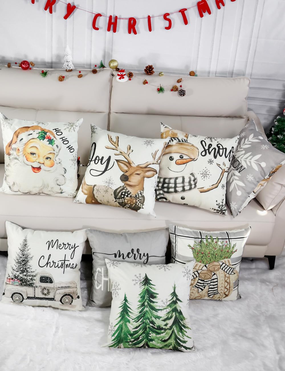 multiwins Juego de 4 fundas de almohada navideñas con estampado de doble cara de 16 x 16 pulgadas, con 8 bonitos patrones de decoración navideña, fundas de almohada perfectas para Navidad y decoración