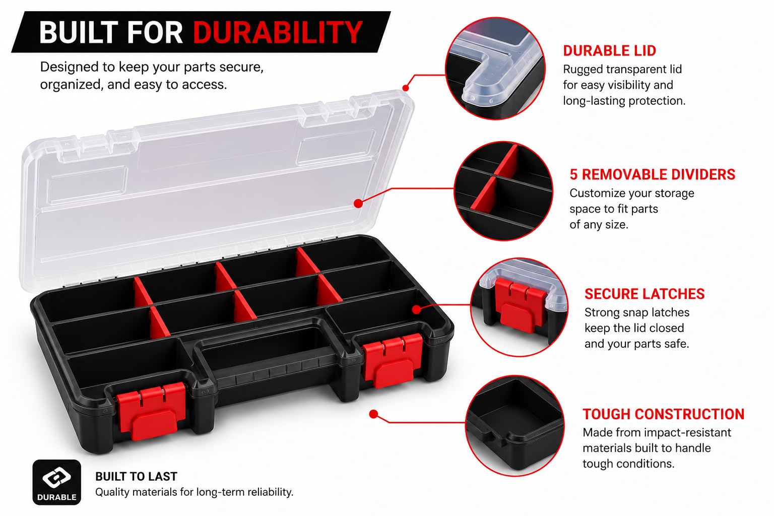 Compact Parts Organizer Box – Small Hardware Storage Case with 9 Compartments & 5 Dividers – Durable Nylon Screw, Bolt, Craft Organizer for Toolbox, Drawer, or Garage Use