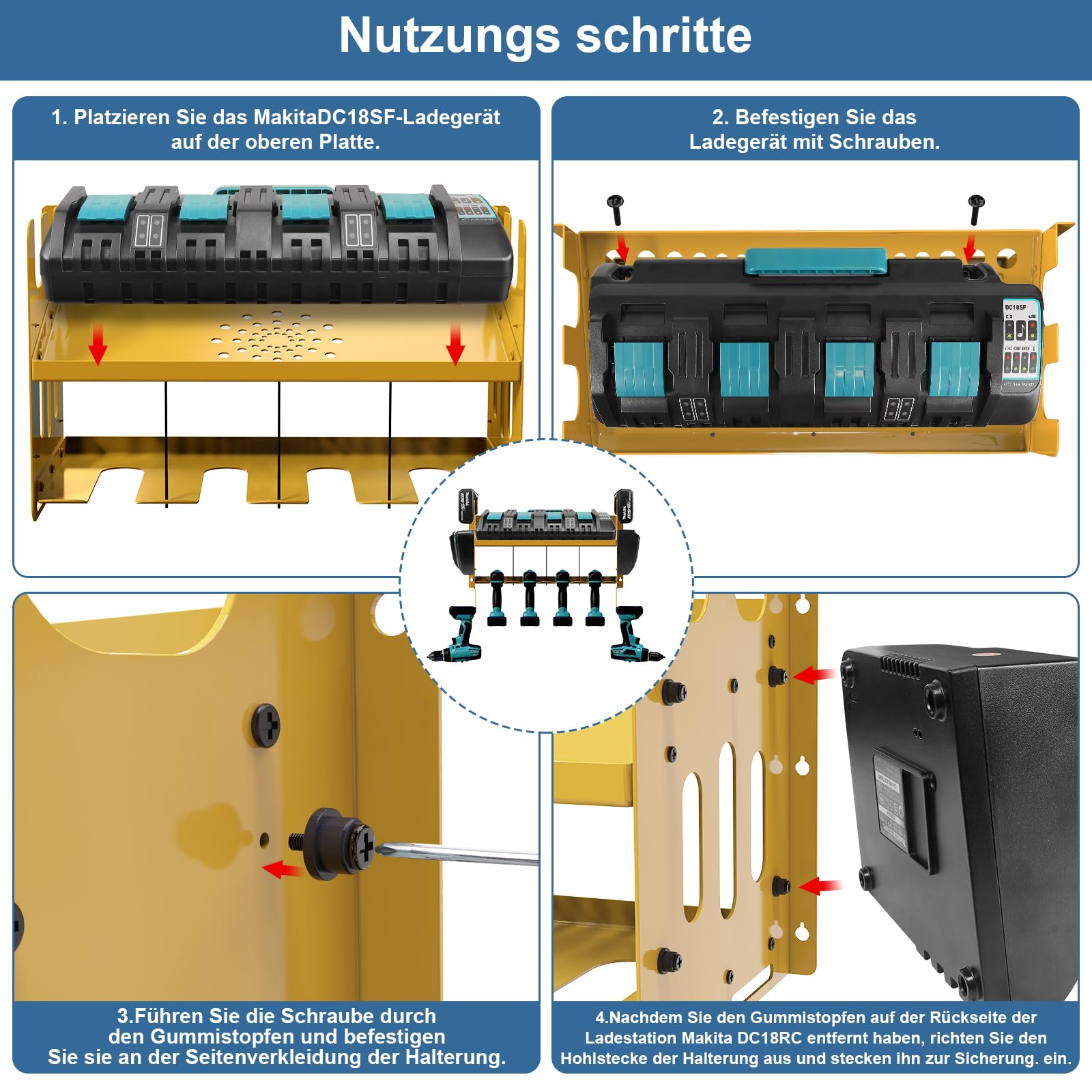 JYiuog Gereedschapsopslag, wandhouder, gereedschapsrek voor Makita oplader DC18SF DC18RC, 18 V/14,4 V accu's en slagboor, gereedschapshouder voor werkplaats en garage, gereedschapsrek, organisatie