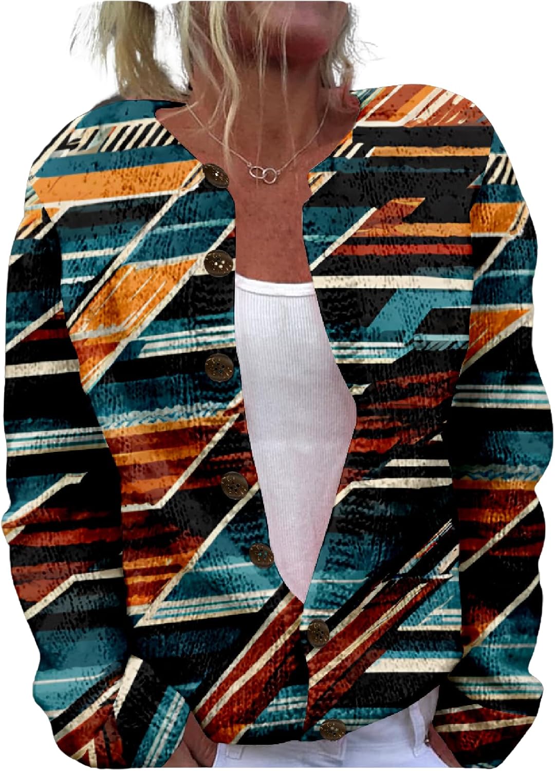 Striped Sweater Women Western Aztec Print Cardigan Button Up Cropped Knitted Oversized Fashion Open Front Blouses