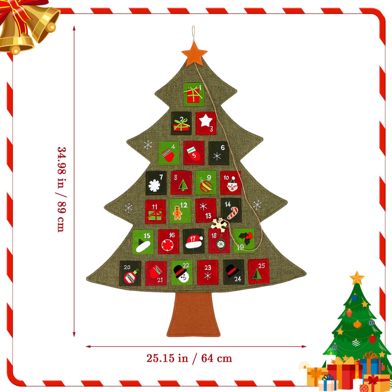 BESPORTBLE Calendrier de l'Avent 2025 à suspendre, tissu de lin, décoration murale avec 25 poches, 89,9 x 63,5 cm, compte à rebours jusqu'au sapin de Noël