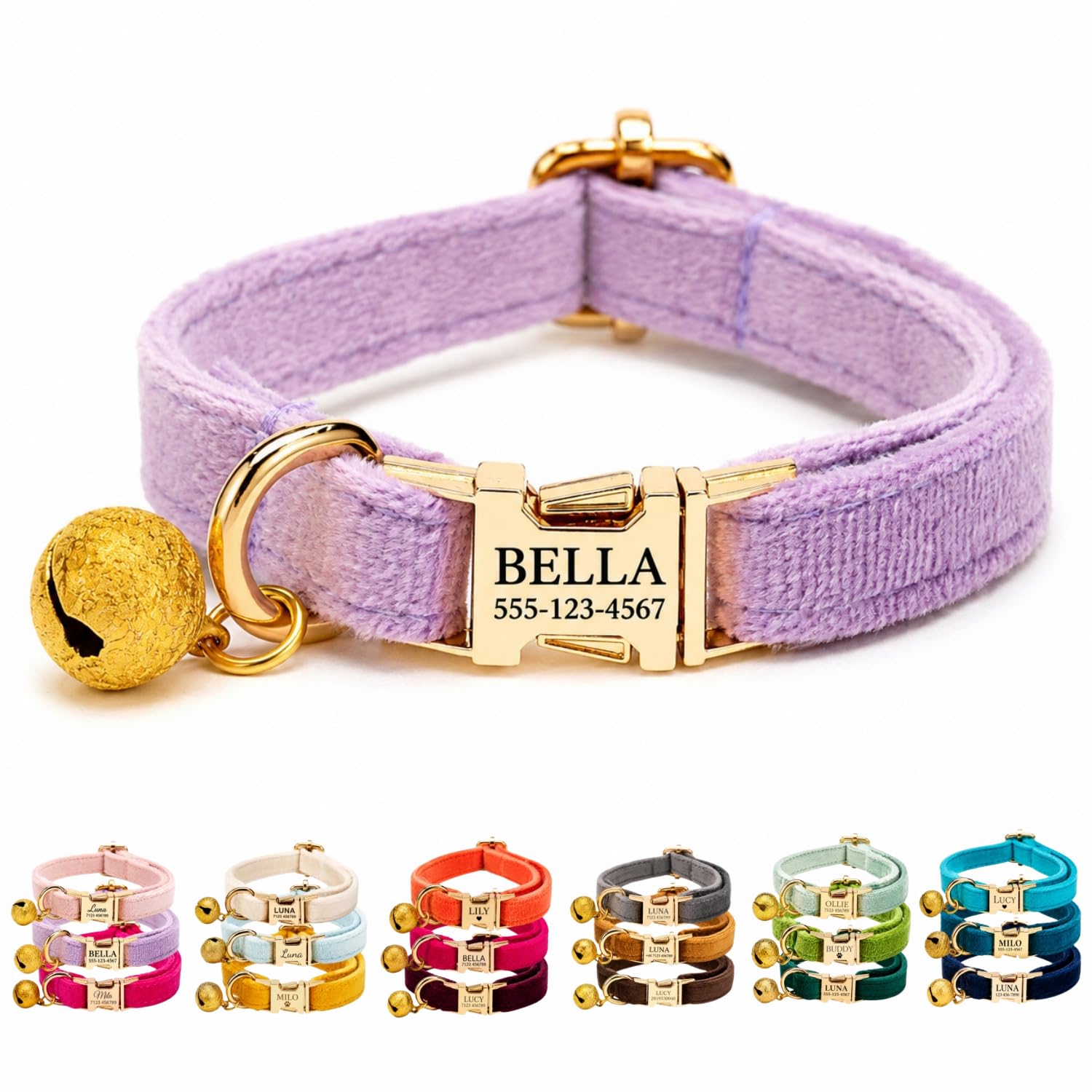 Velvet Personalised Cat Collar with Name & Phone Number Engraving – Adjustable Pet Collar with Metal Buckle & Bell – Soft Kitten ID Tag Collar for Cats Puppy – Gift for Pet Owners UK