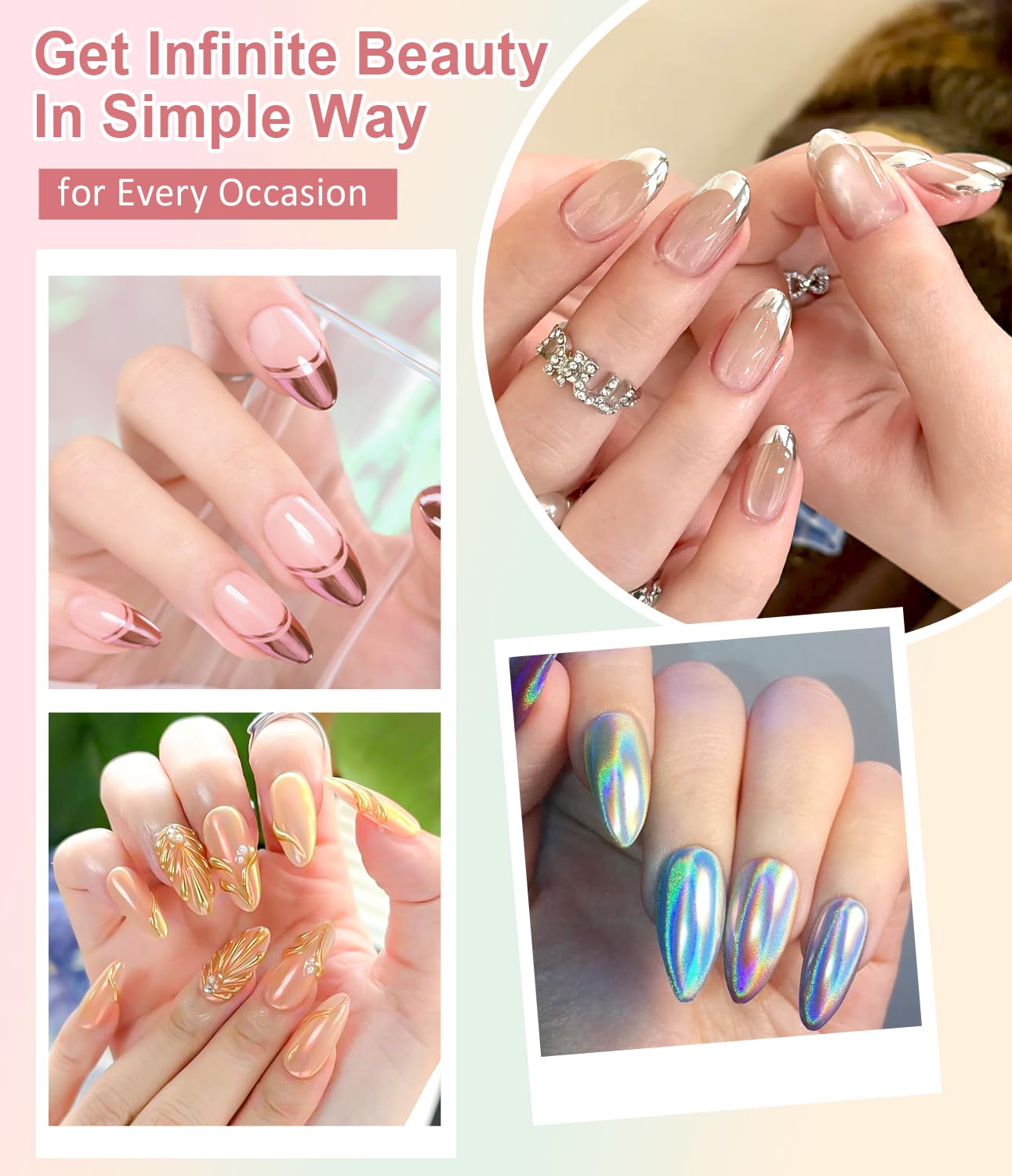 6PCS Chrome Ongles Super Miroir, Poudre Holographique Métal Vernis Gel, Effet Doré Iridescence Aurore Nacrée Pigment, Décoration Salon DIY Nail Art