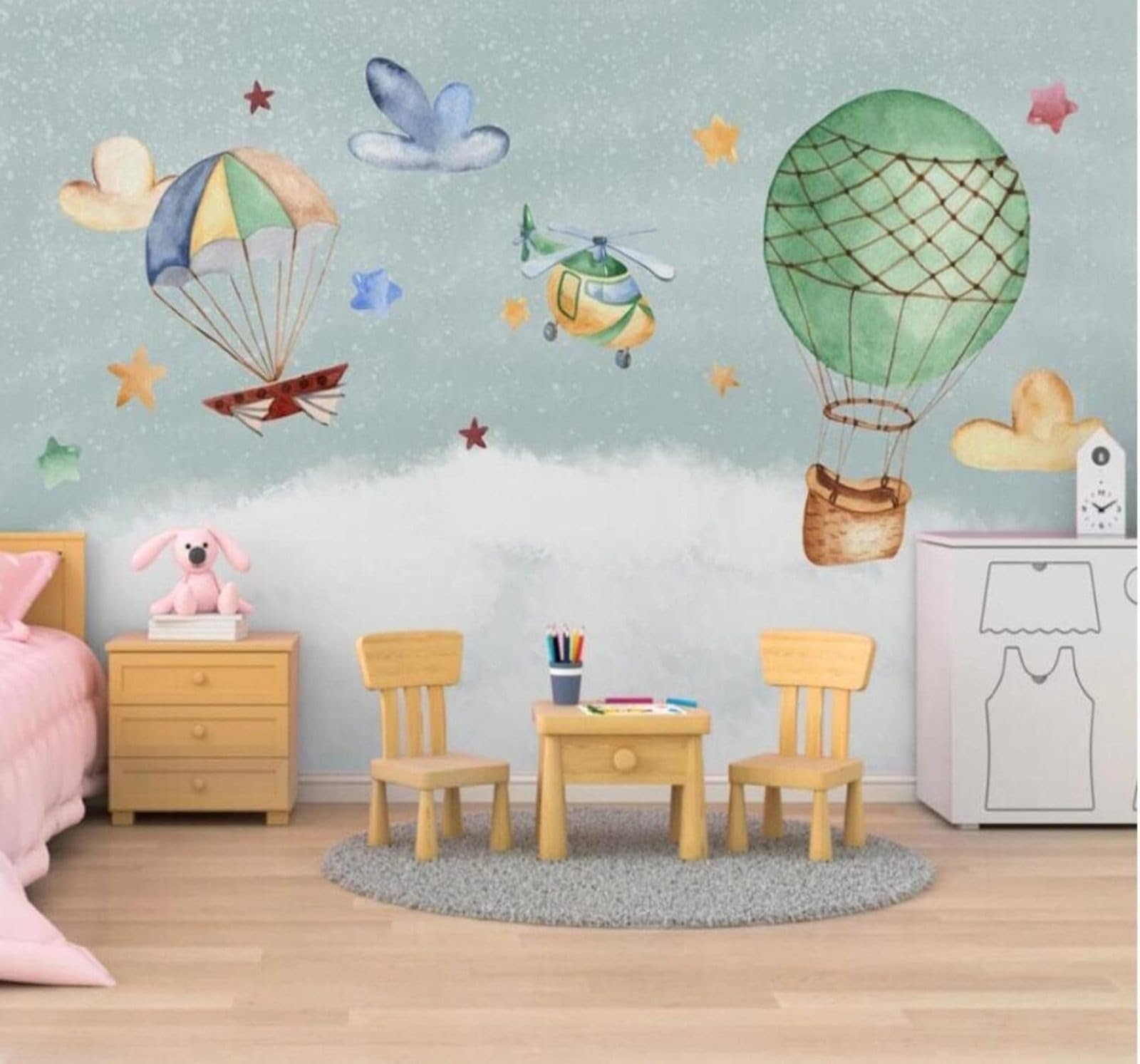 Xlming 150Cm×105Cm(B×H) Cartoon Fresh Retro Aeroplane Hot Air Balloon 3D Wallpaper Luxury Silk Study Dining Feature Sofa Grey Bedroom Living Room Tv Decorative Wall-150Cm×105Cm