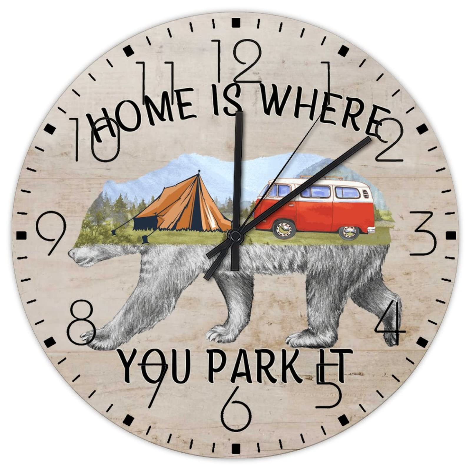 Horloge murale en bois silencieuse pour camping et maison