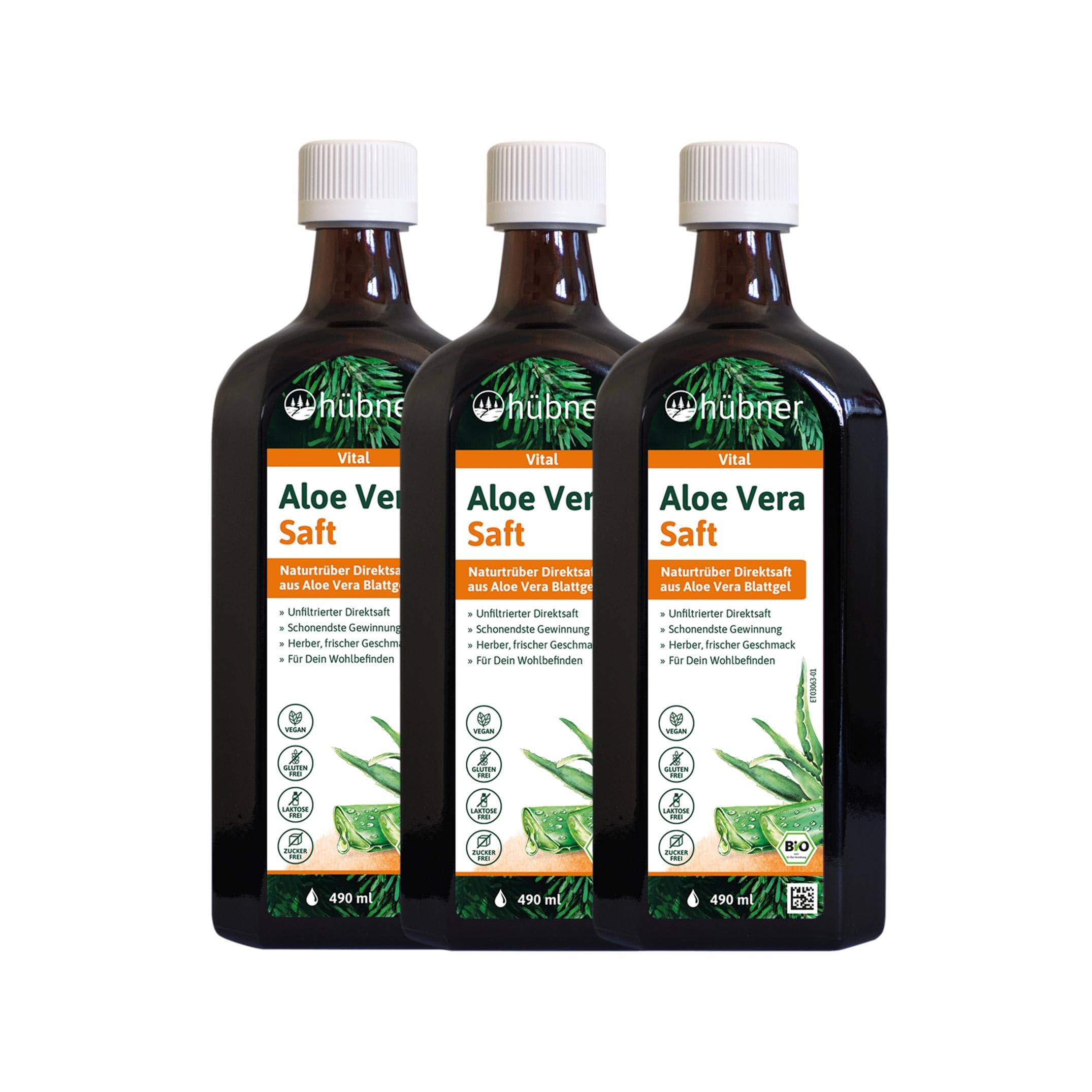hübner® Aloe Vera Bio-Pflanzensaft naturtrüb | 100% naturtrüber Aloe Vera-Saft | Aus kontrolliert biologischem Anbau | Ungefiltert & vegan | Frischer Geschmack | 3 x 490 ml