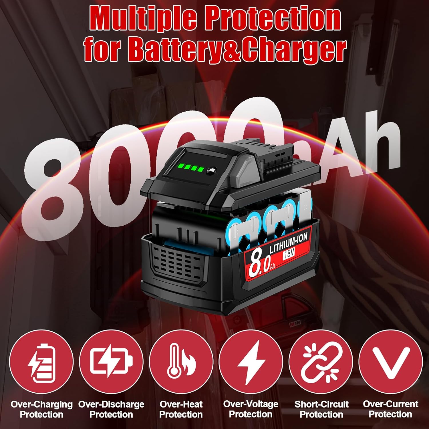 2 Packs 18V 8.0Ah 48-11-1850 Batteries Replacement for Milwaukee M18 Battery and Charger Compatible with Milwaukee 18V Battery 48-59-1850 48-11-1813 48-11-1815 48-11-1820 48-11-1840 48-11-1852