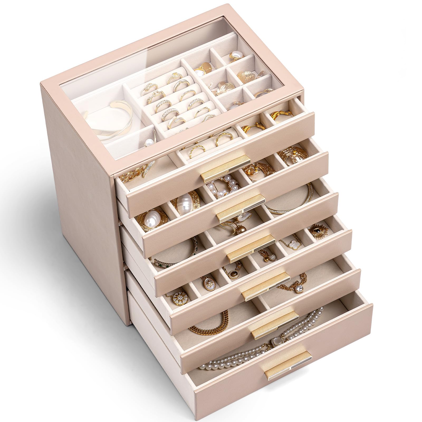 VLANDO Schmuckkästchen mit 6 Ebenen, Schmuckkasten, Schmuckaufbewahrung, Schmuck Organizer mit Glasdeckel,für Halsketten, Ohrringe, Uhren, Armbänder, Modern,Milchkaffee
