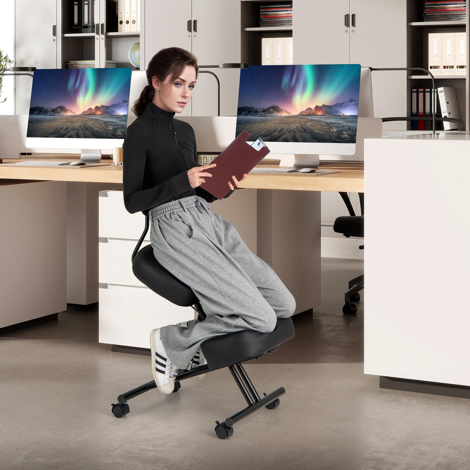 COSTWAY Chaise à Genoux Ergonomique avec Dossier, Siege Assis Genoux Réglable, Tabouret Bureau Orthopédique avec Roues Universelles Verrouillables, Correcteur de Posture Confortable, Noir