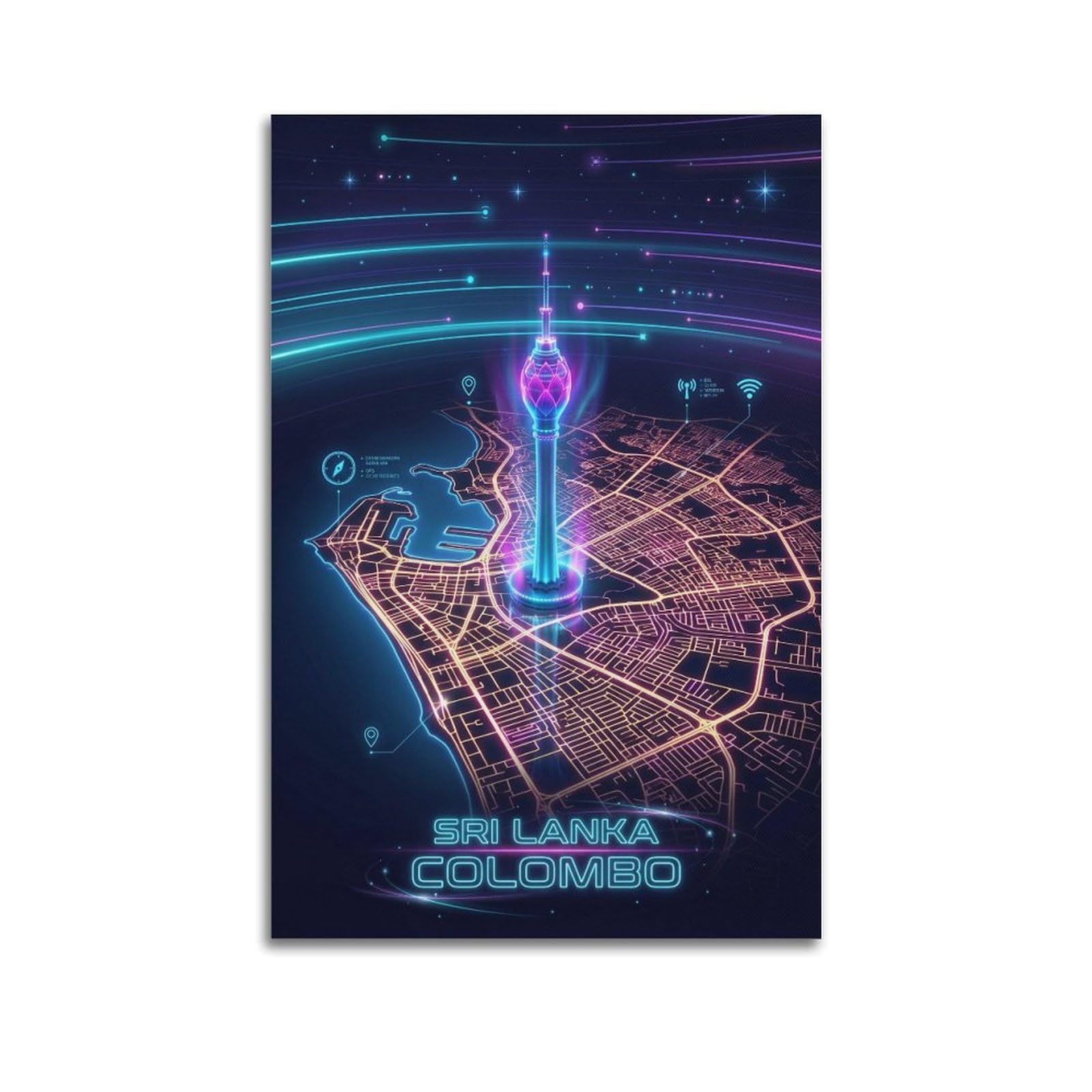 Sri Lanka Lotus Tower 80s Neon City Gamer Room Poster Modern Decorative Canvas Prints - Ideal Wall Art for Family, Man Cave, Game Room, Boys & Girls Bedroom 20x30inch(50x75cm)
