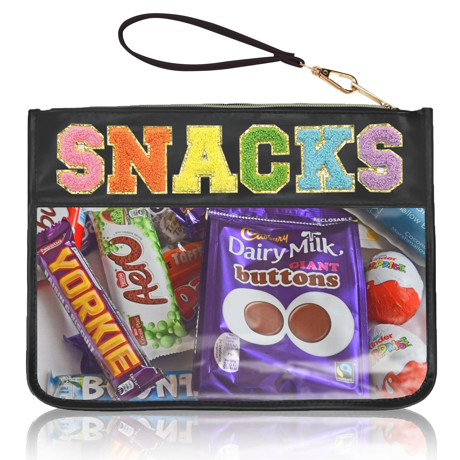 Snacks Bag Clear Chenille Varsity Letter Zipper Pouch Travel Makeup Bag Aesthetic Storage Organizer Pouches for Women with Glitter Patch Letters (Black-Snacks)