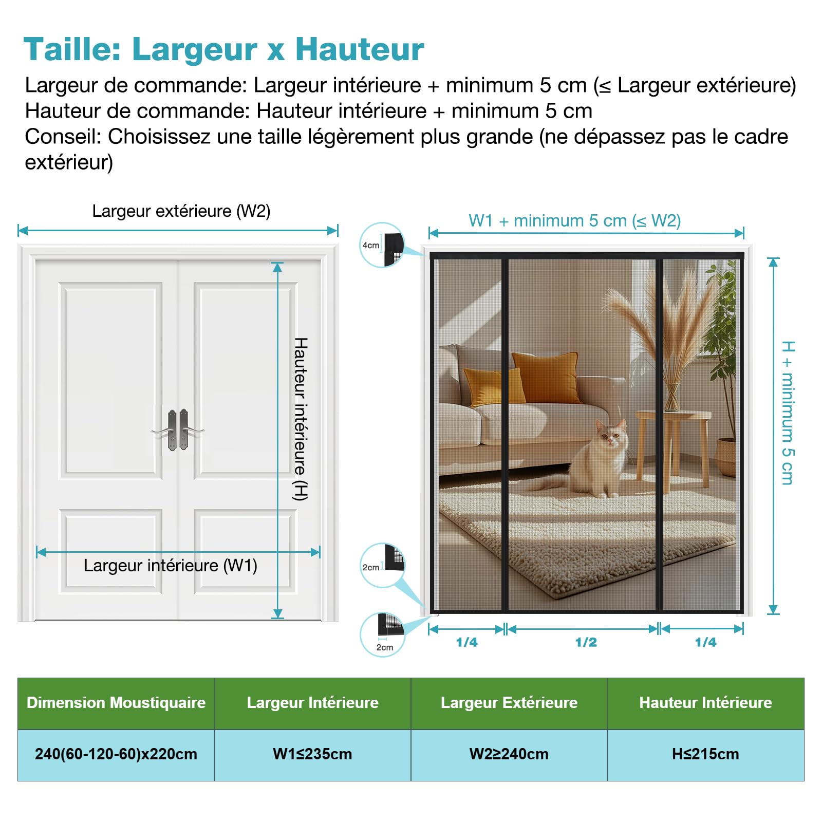 Moustiquaire Porte Fenetre 240x220 cm, Moustiquaire Aimantée Double Ouverture Latérale, Lumière Translucide Fermeture Automatique, pour Entrée Balcon Patio Porte Fenêtre, Noir
