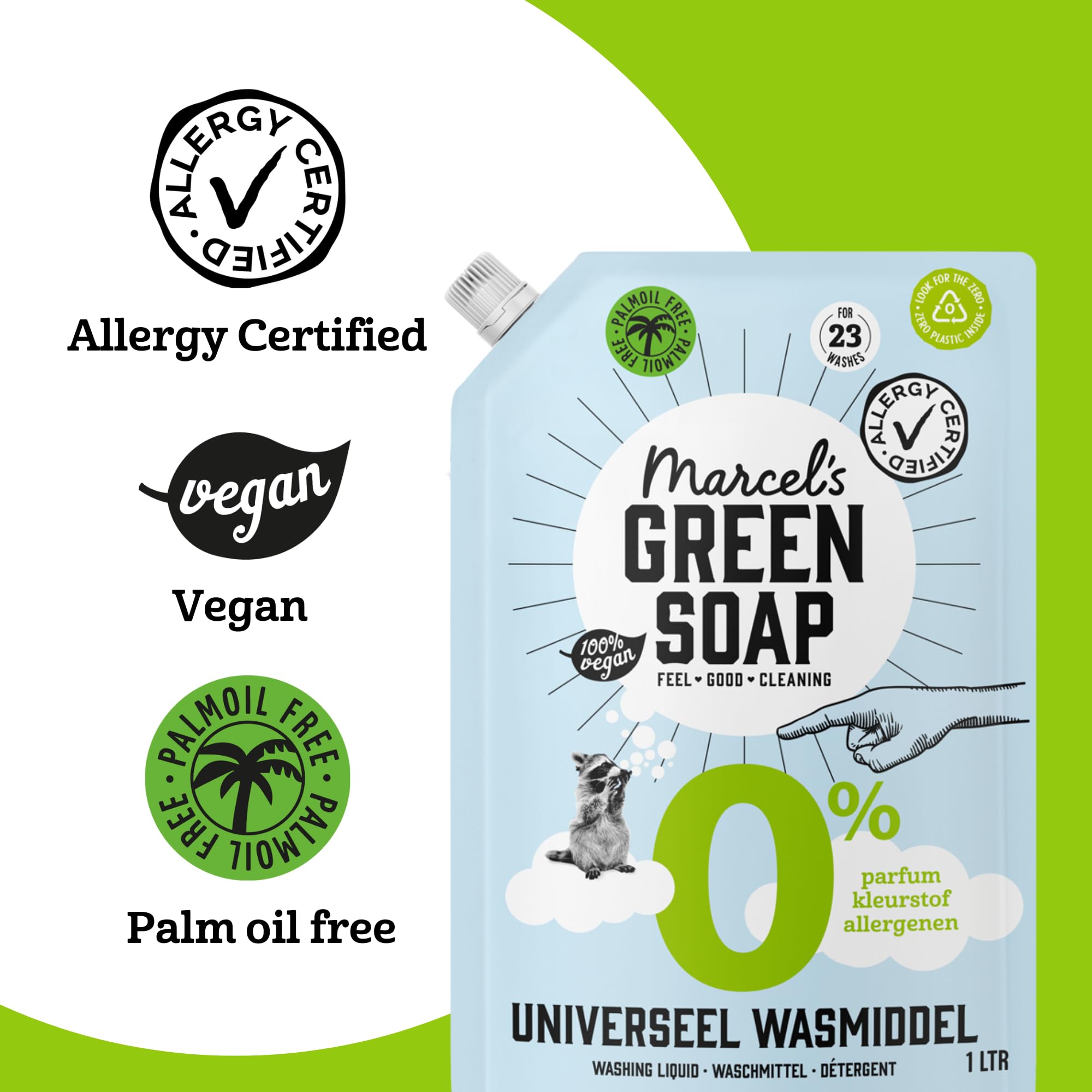 Marcel's Green Soap Recharge de liquide de lavage 0 % - Certifié hypoallergénique - Détergent à lessive - Sans microplastique et huile de palme - Végétalien - 95 % biodégradable - 4 L, 1 L (lot de 4)
