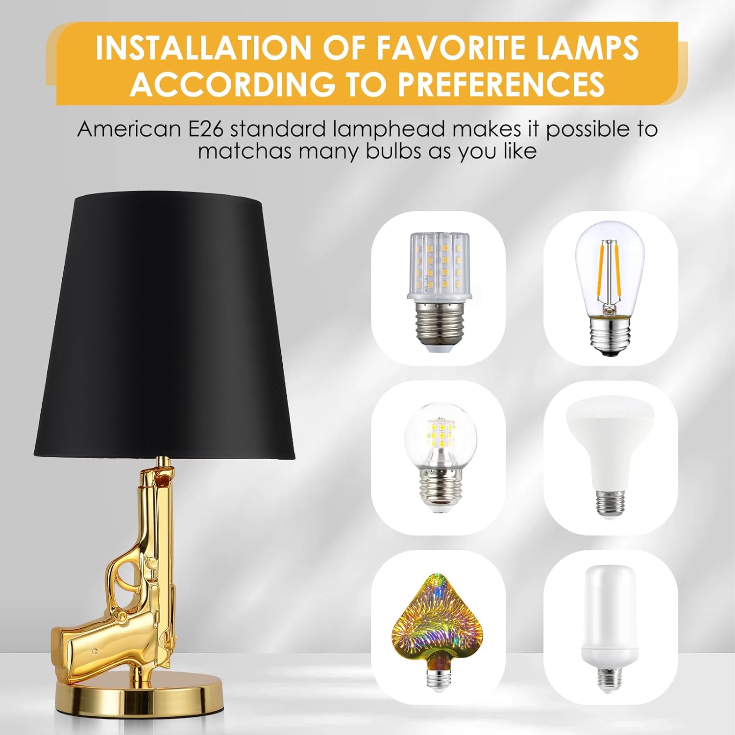 Modern Gun Table Lamp,Desk Lamp,Electroplated Handgun Body with Fabric Shade,Rustic Pistol Tabletop Lamp-Country Farmhouse Man Cave Decor,Home Decor(Gold, Handgun)