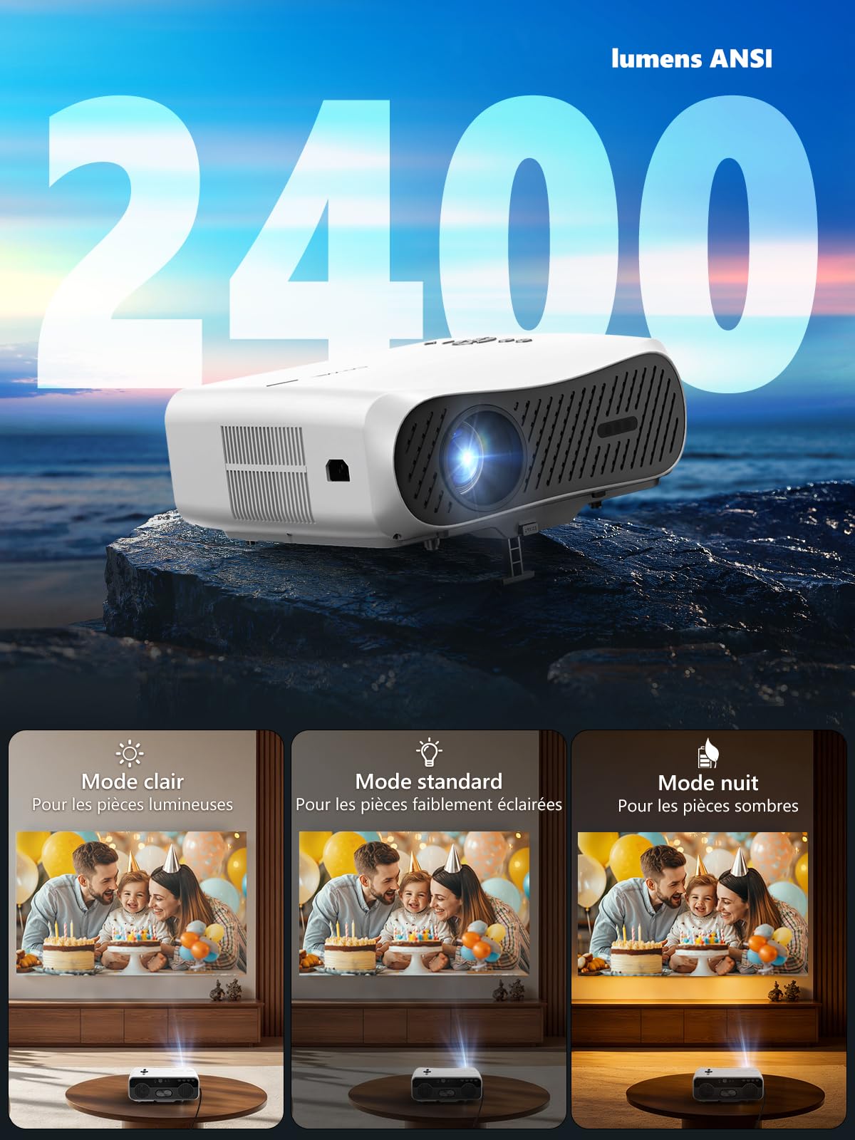 Projecteur Intelligent Lumière du Jour 2400 ANSI, 4K UHD HDR10, Mise au Point TOF, HDMI eARC/CEC, WiFi 6, Bluetooth 5.4, 2x38W, Cinéma Maison, Jeux Vidéo, Projection au Plafond