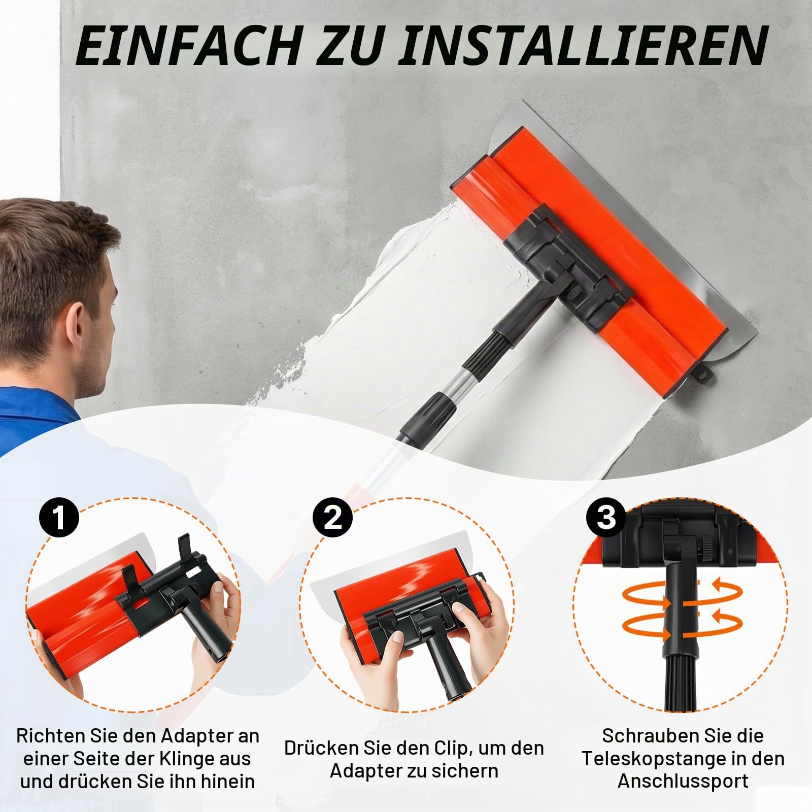 Premium Spachtelset, 5 x Flächenspachtel (200mm, 400mm, 600mm, 800mm, 1000mm), 0,35 mm und 0,5 mm Dicke, Teleskopgriff, Transportkoffer, Spatelsatz für Trockenbau und Verputzarbeiten
