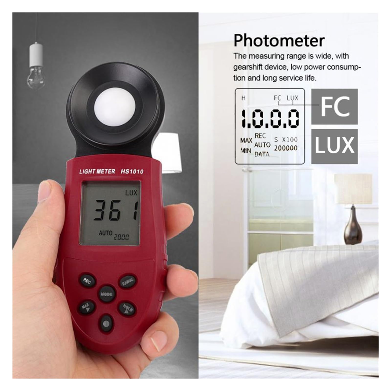Photomètre Numérique LCD À Plage Automatique, Luxmètre 200,000 Lux, Testeur D'intensité Lumineuse for Les Usines De Laboratoire Industriel Mesure Précise De La Lumière