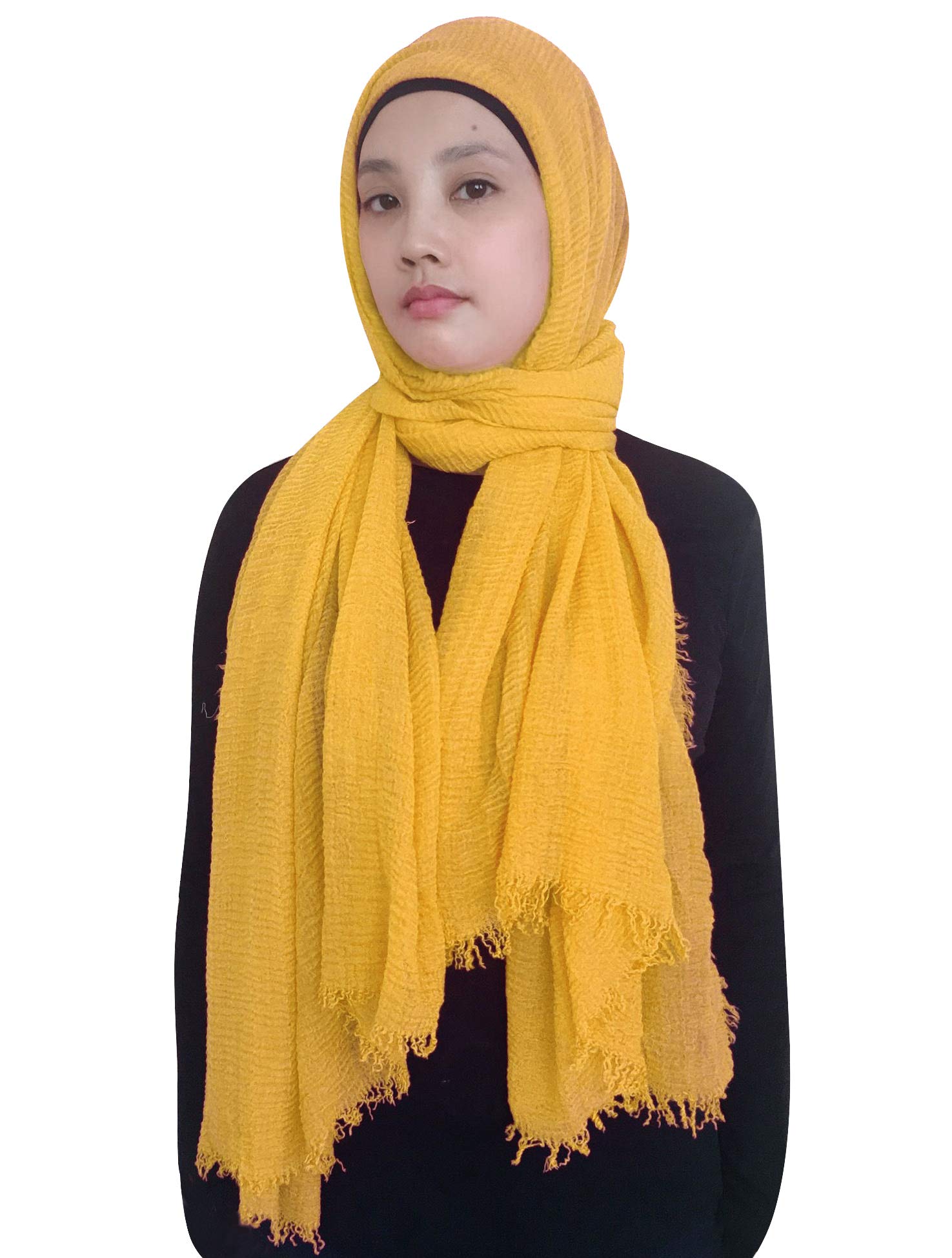 Lina & Lily Plain Colour Crepe Crinkled Scarf Hijab with Frayed Edges (Gold)