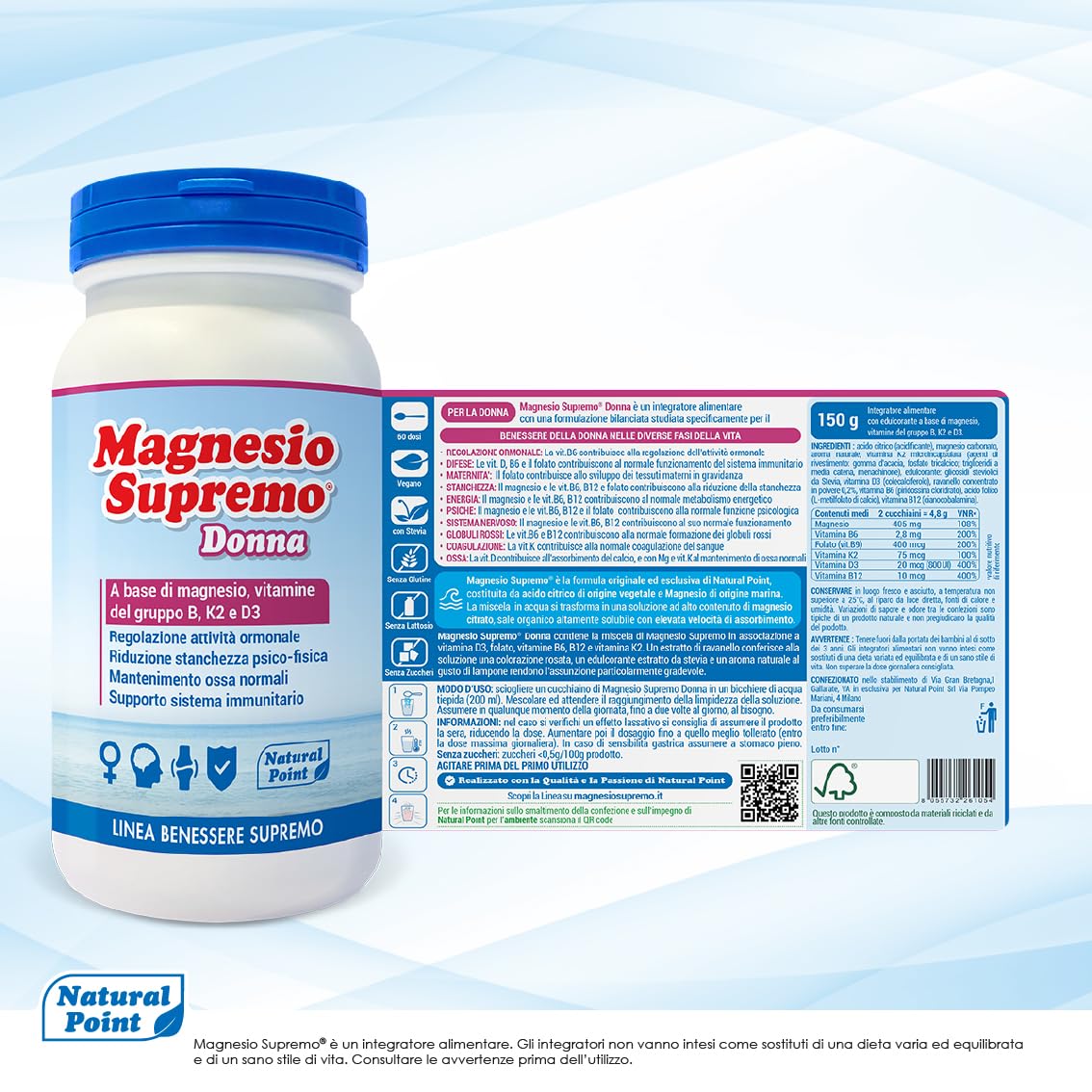 Donna Integratore Ad Elevato Assorbimento 350 g, 2x175 g | Magnesio Citrato In Polvere, con Vitamine B6 B9 B12 K2 D3, Supporto Ormonale Sistema Nervoso Energia Ossa