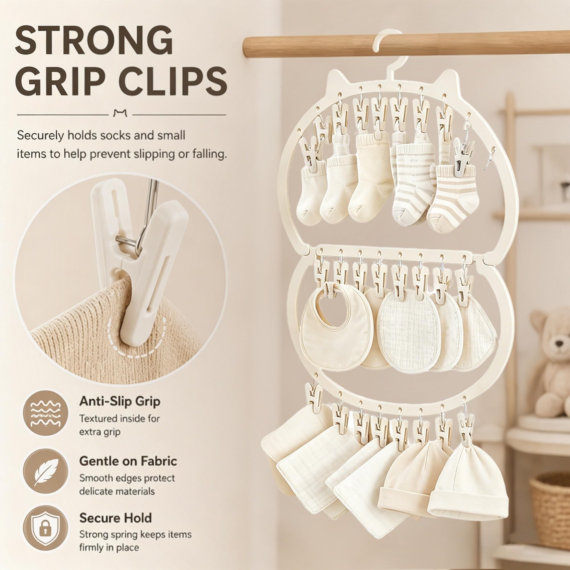 auvstar Kinderkleiderbügel,Baby Socken Halter,Wäscheständer für Kleinkind,Doppelschicht Design zum Aufhängen,Platzsparend für Socken,Mützen, Spucktücher,Trocknen und Aufbewahren in Einem (Weiß) Baby