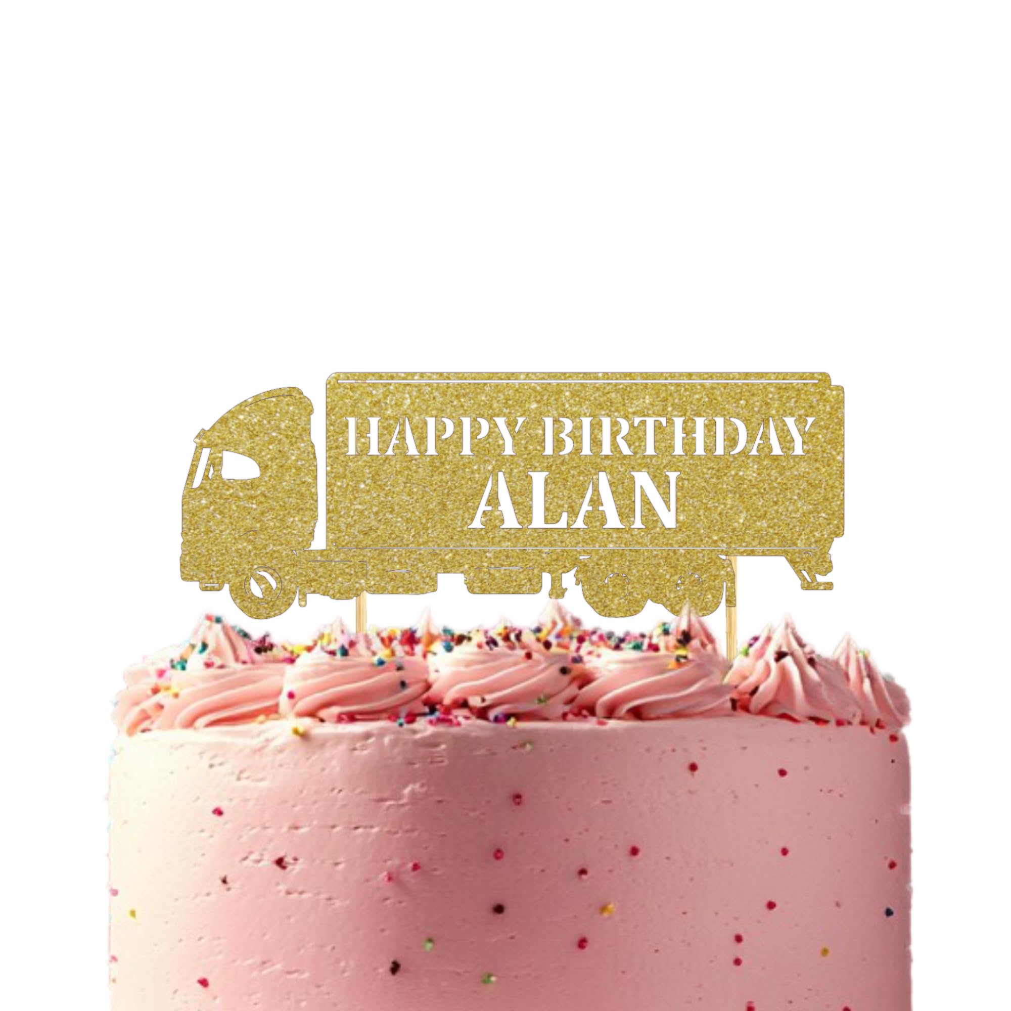 Customisable Lorry Truck Driver Cake Topper - Elegant, Personalised Decoration for Party Celebrations, Durable Glitter Card Design (Gold)