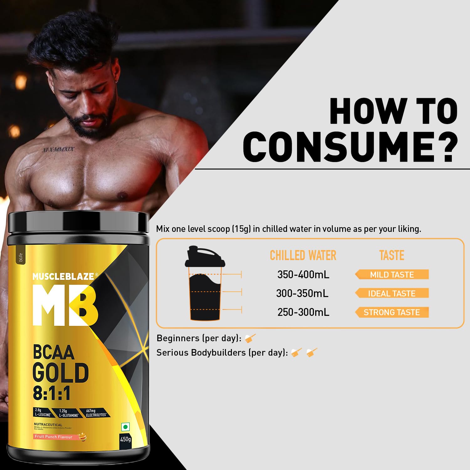 MuscleBlaze BCAA Gold 8:1:1 Powder, Fruit Punch (60 Servings, 450g) | With Higher Leucine, Electrolytes & Glutamine - Image 7 thumbnail