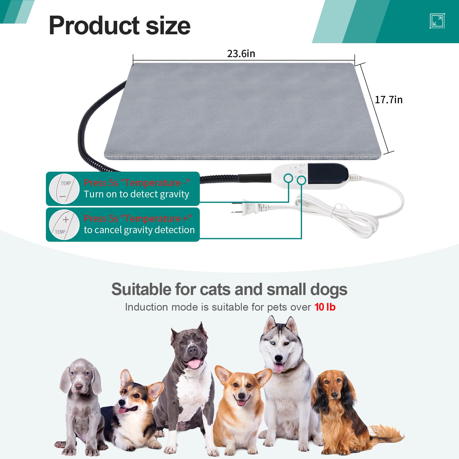 Smart Cat Heating Pad with Pressure Activated – Temperature Adjustable Heated Dog Bed with Timer - 17x24 inches - 30W - Pressure Activated Work for Pets Over 10 lbs