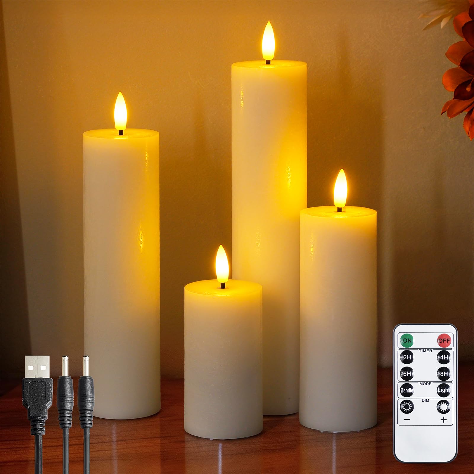 Candele a LED bianche senza fiamma ricaricabili con telecomando e Temporizzazione, confezione da 4 candele di cera tremolanti a batteria (cavo di ricarica USB, 5,5cm x10 15 20 25cm)