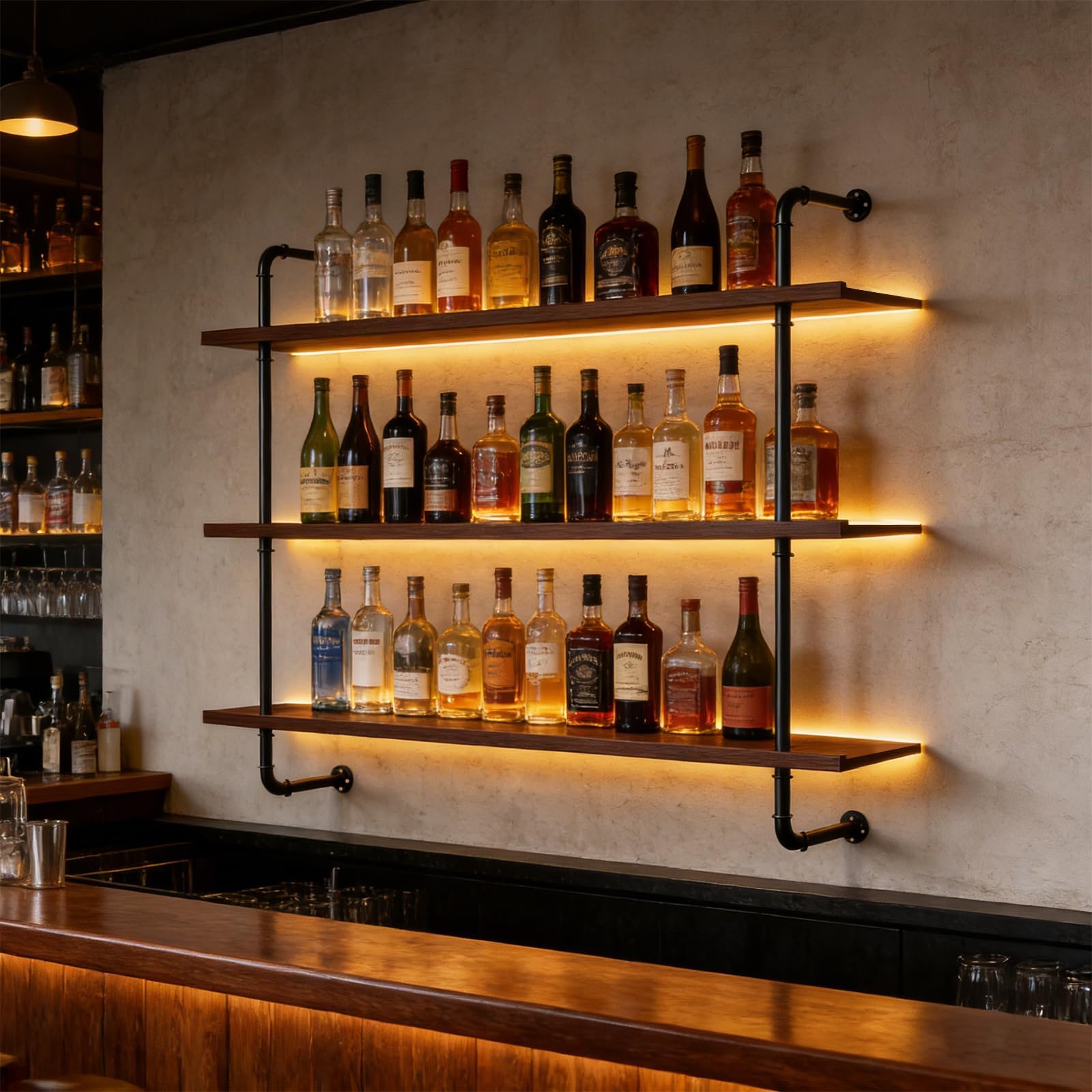 Portabottiglie da Parete in legno Massello, Grande Espositore per Bottiglie di Vino in Industriale Vetrinetta da Bar Con Luce LED,Scaffale Galleggiante Per Cucina, Bar, Caffetteria (80cm)