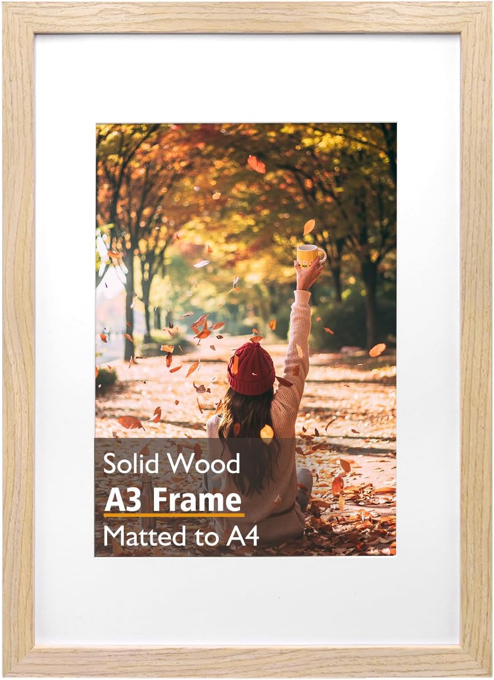 KINLINK A3 Picture Frame, Natural Solid Wood Frame with Acrylic Plexiglass for Pictures A4 with Mat or A3 without Mat Wall Display Poster Frame 1 Pack Natural A3