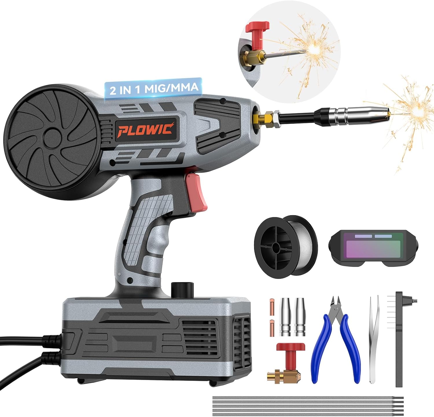 2 in 1 Handheld MIG and Stick Welder: PLOWIC 250A Portable Welding Machine, 110V Gasless Flux Core Wire Feed & MMA ARC Welder Gun for Home DIY, Repair, Farm - for .032"/.040" Wire and 3/32"-1/8" Rod