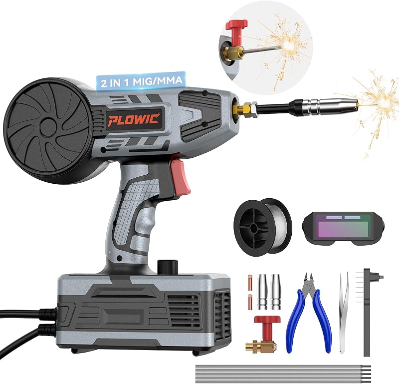Soldador portátil MIG y de varilla 2 en 1: máquina de soldadura portátil PLOWIC 250A, alimentación de alambre con núcleo fundente sin gas de 110 V y pistola soldadora MMA ARC para bricolaje en el hogar, reparación, granja, para alambre de .032"/.040" y varilla de 3/32"-1/8"