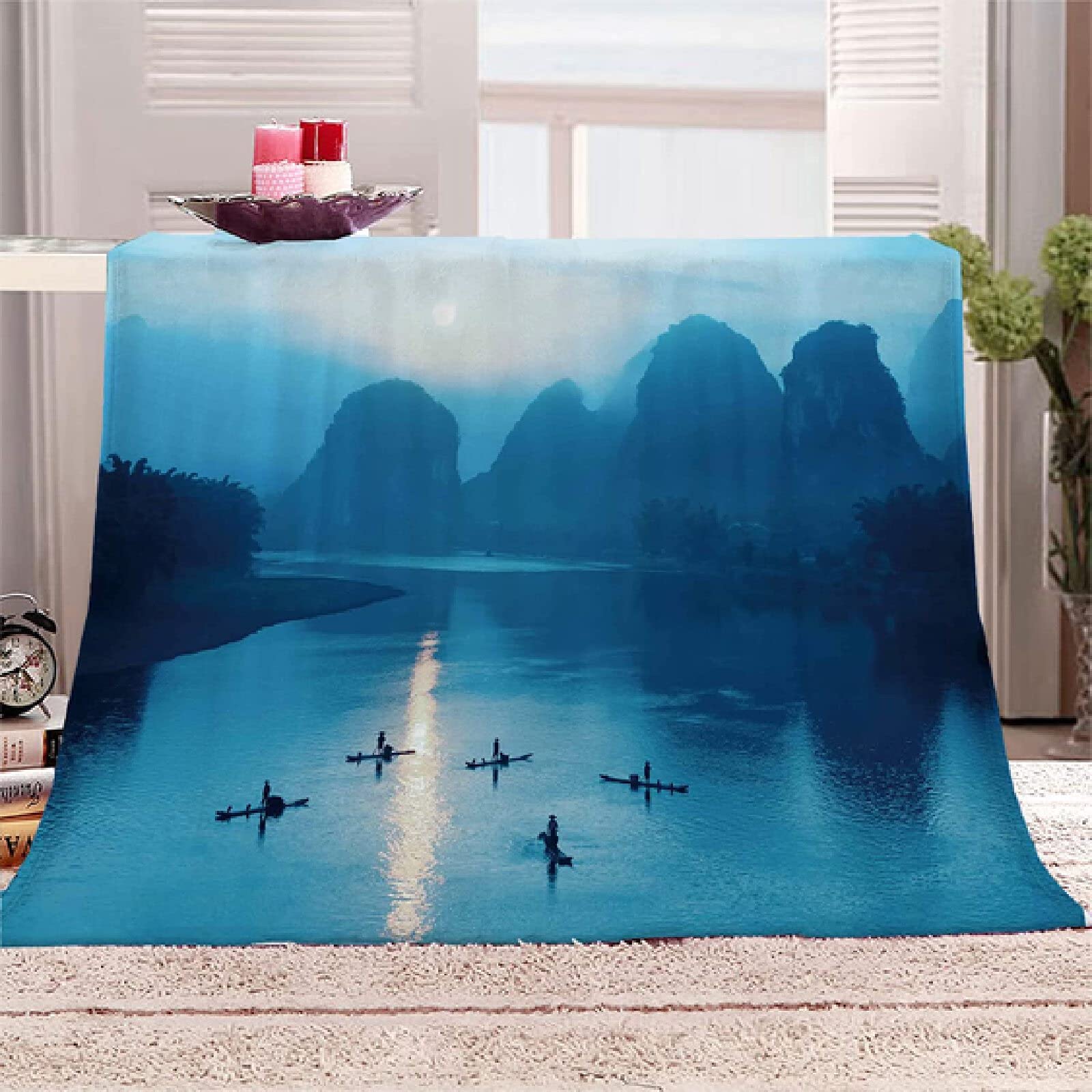 Couverture Polaire 220x240 cm Vue sur Le Lac, Plaid Polaire Montagne Flanelle 2 Personnes, 3D Imprimée Couvertures et Plaids Doux et Chaud for Canape Lit