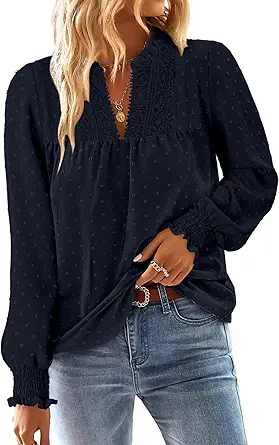 BETTE BOUTIK Women Boho Long Sleeve Shirts Dressy Casual V Neck Fall Fashion Tops Swiss Dot Flowy Blouses