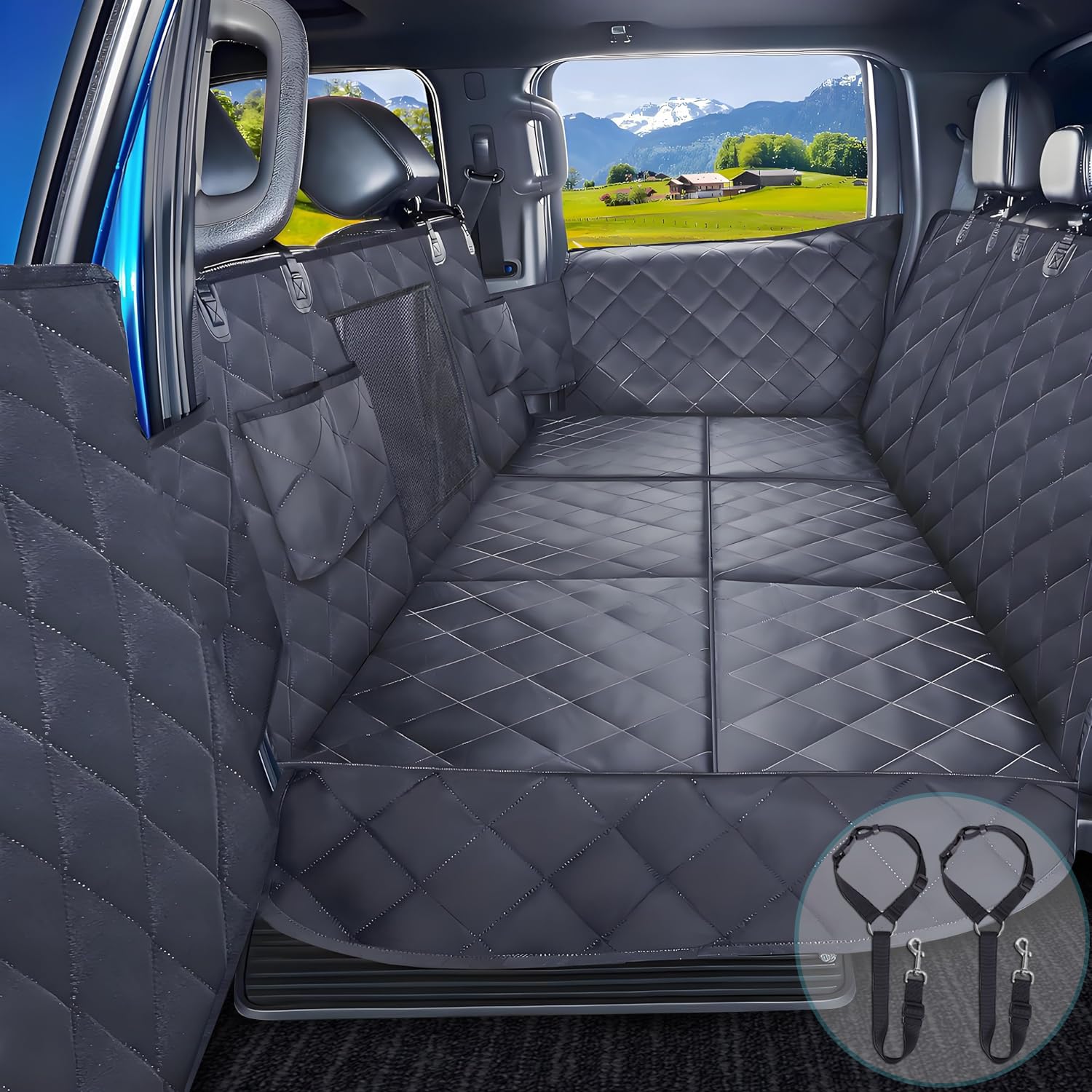 Truck Hard Bottom Car Seat Cover for Dogs | Mesh Window & 2 Safety Belts | 100% Waterproof Sturdy Back Seat Extender with Door Protectors |Non-Slip,Scratchproof Pet Car Rear Seat Protector Fit Pickup