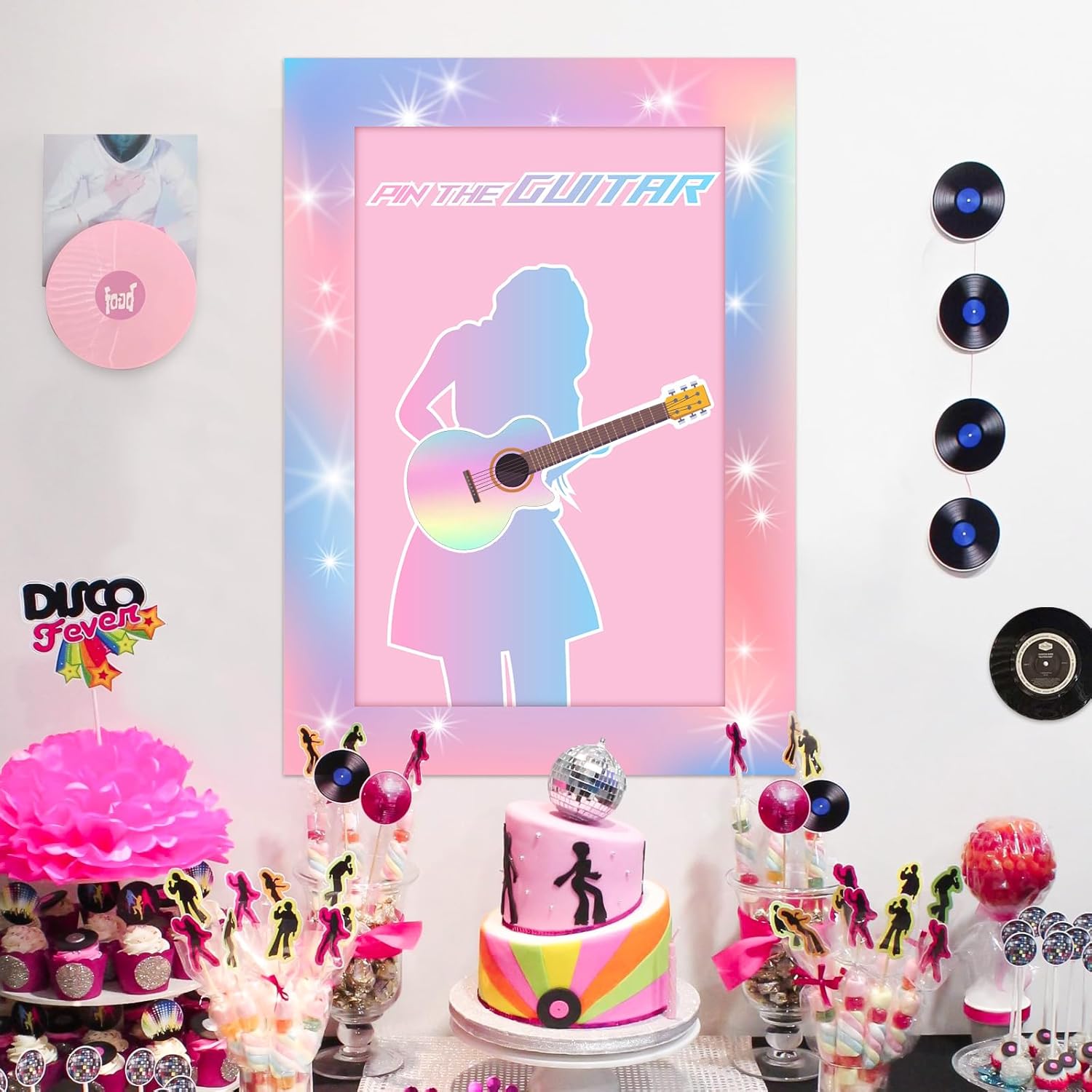 Lidmada Pin The Guitar Game Poster, Large Pink Music Party Game with 24 Reusable Guitar Stickers, 3+
