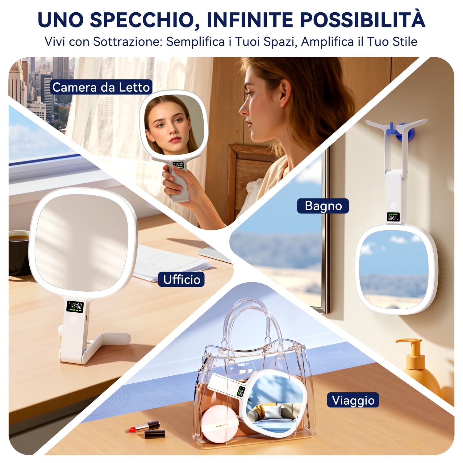 Auxmir Specchio Ingranditore Bifacciale 30X/1X Visualizza Tempo Intelligente, Specchio Trucco con Luci LED a 3 Colori Regolabile, Specchio da Tavolo Pieghevole a Mano e Appeso, Ricaricabile da Viaggio