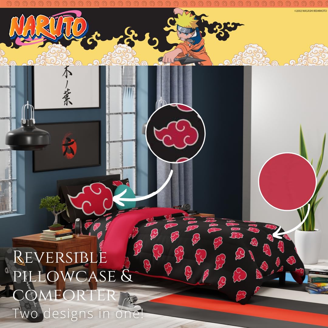Franco Collectibles Naruto Anime Akatsuki Set de Ropa de Cama 5 Piezas, edredón Reversible Muy Suave con sábanas y Funda de Almohada, tamaño Individual (Producto con Licencia Oficial)