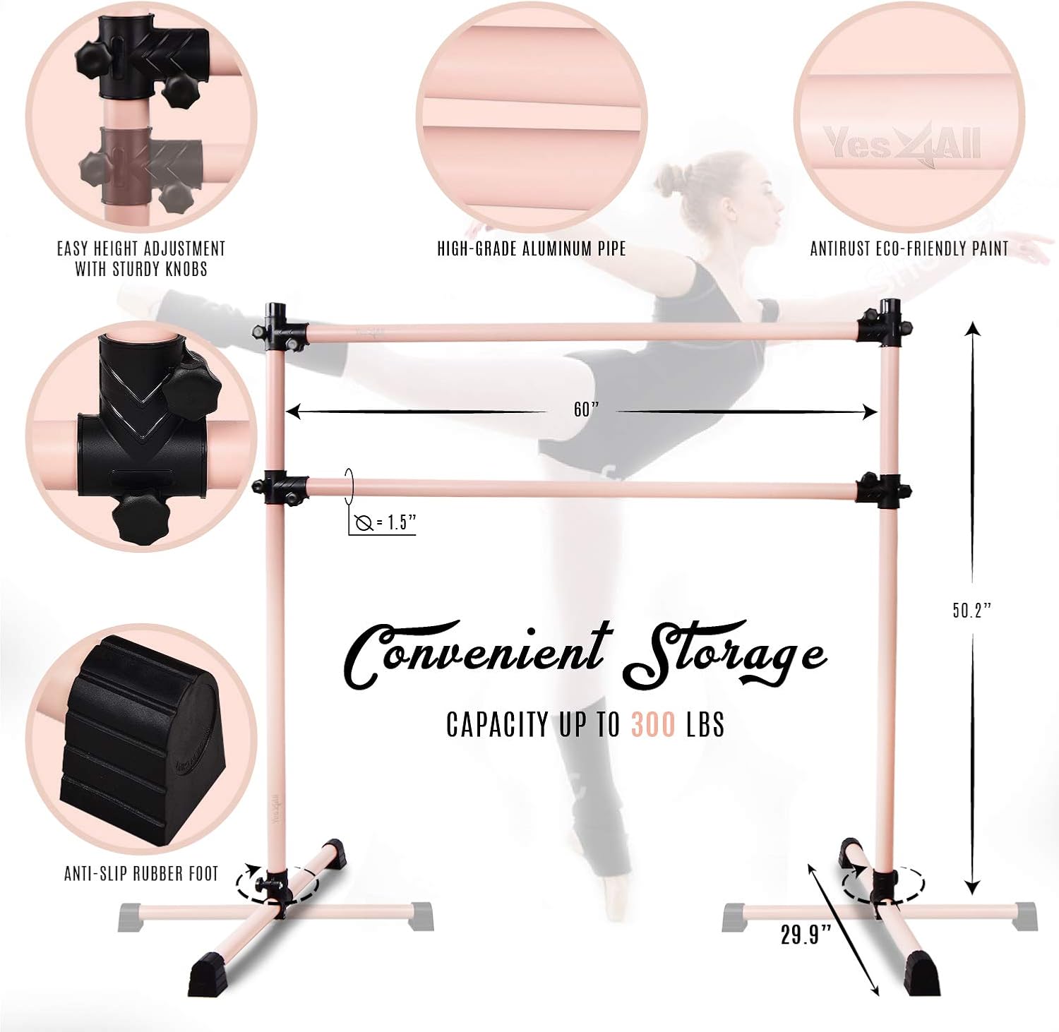 Yes4All Double Aluminum Freestanding Ballet Barre- 5 FT- Rose Gold : Sports & Outdoors
